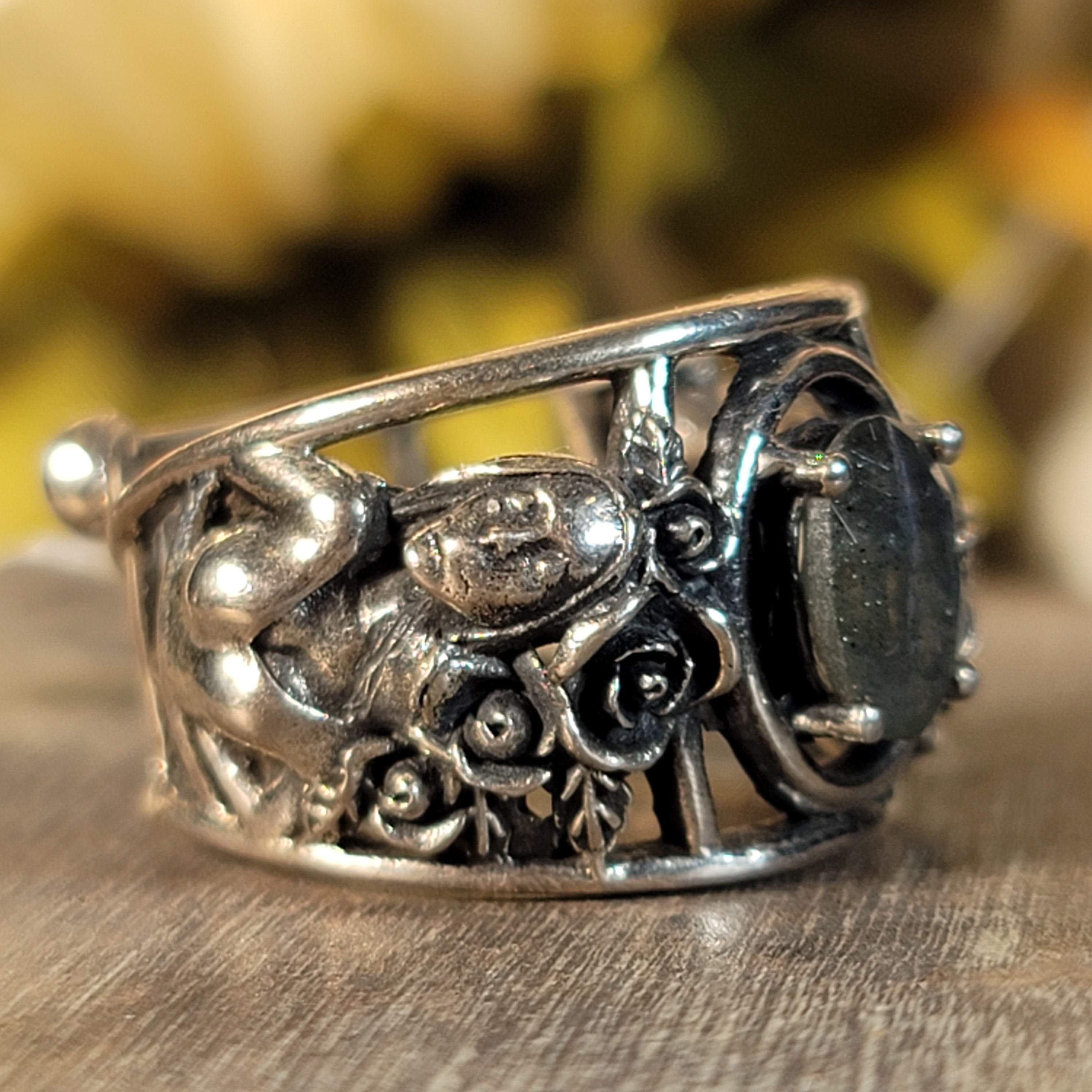 Labradorite Dia de los Muertos Cuff Ring .925 Silver for Insight, Magic, Protection and Transformation