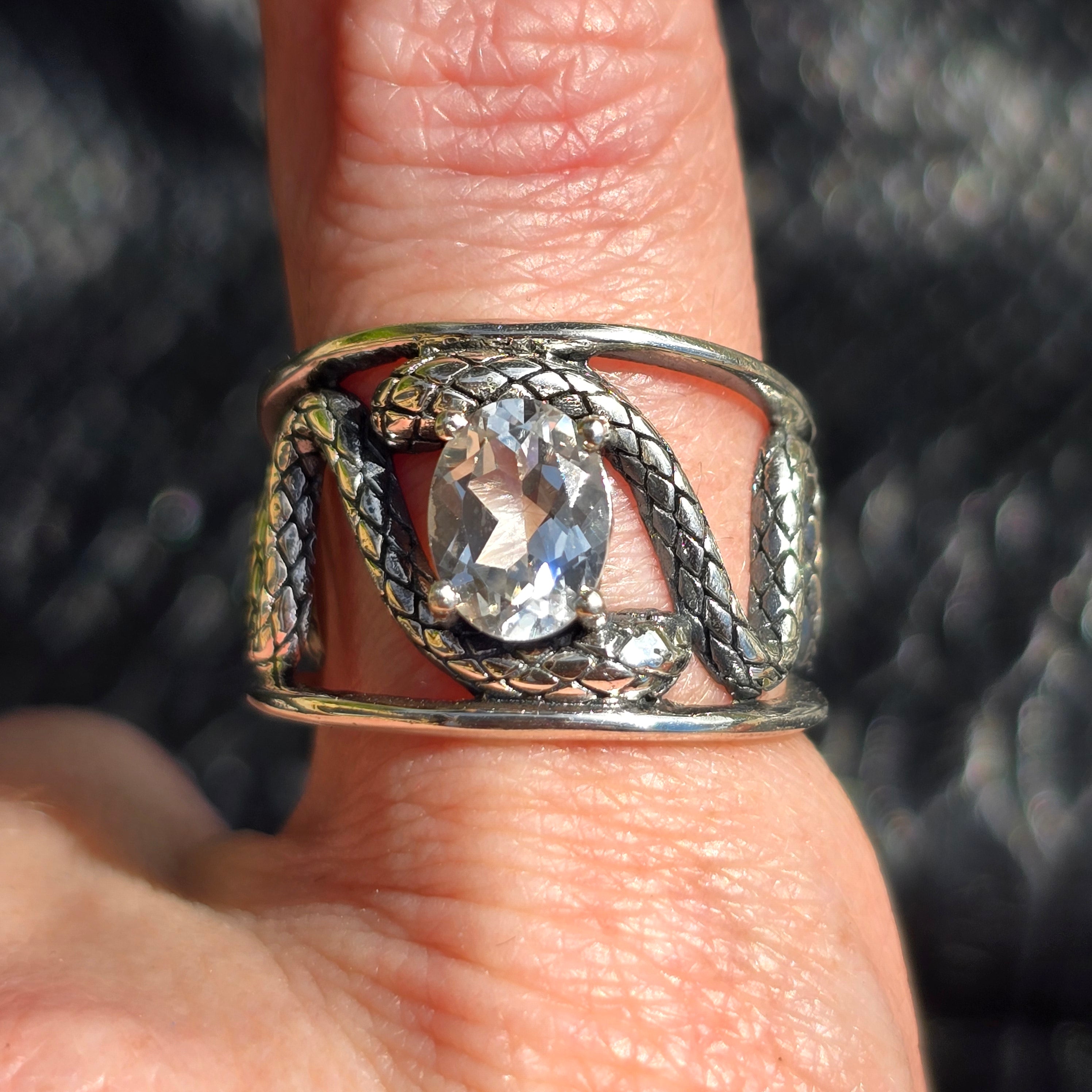 White Topaz Serpent Adjustable Finger Cuff Ring .925 Silver for Amplifying Intentions & Accelerating Manifestations