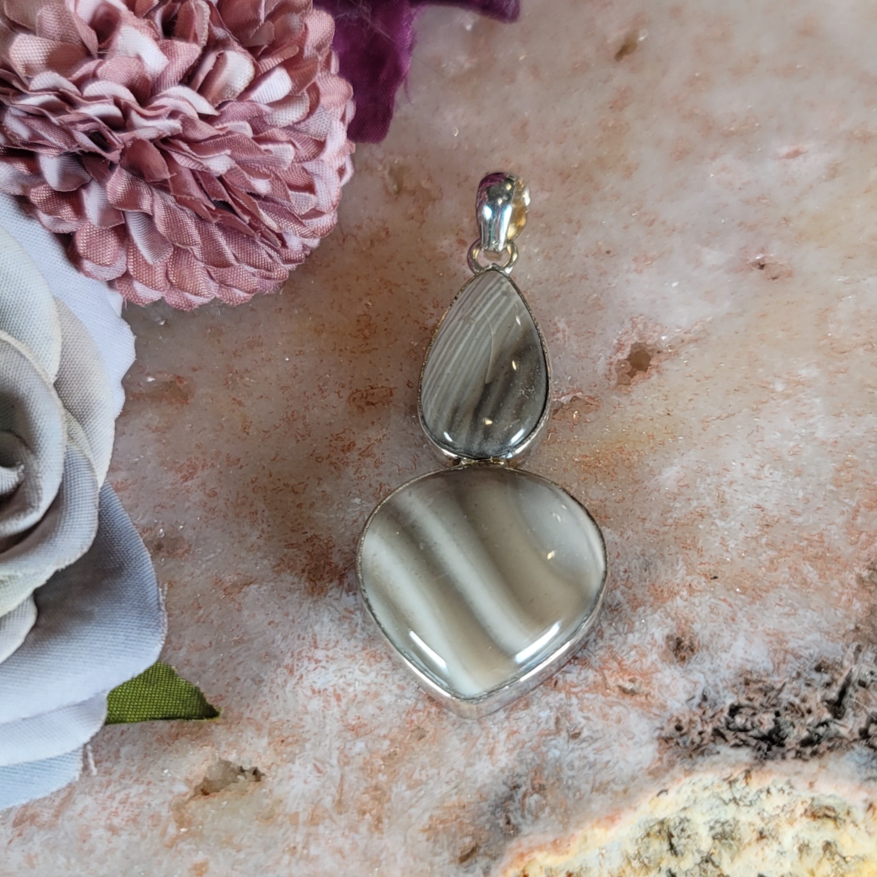 Polish Striped Flint Pendant .925 Silver for Powerful Protection Against Negative Energy