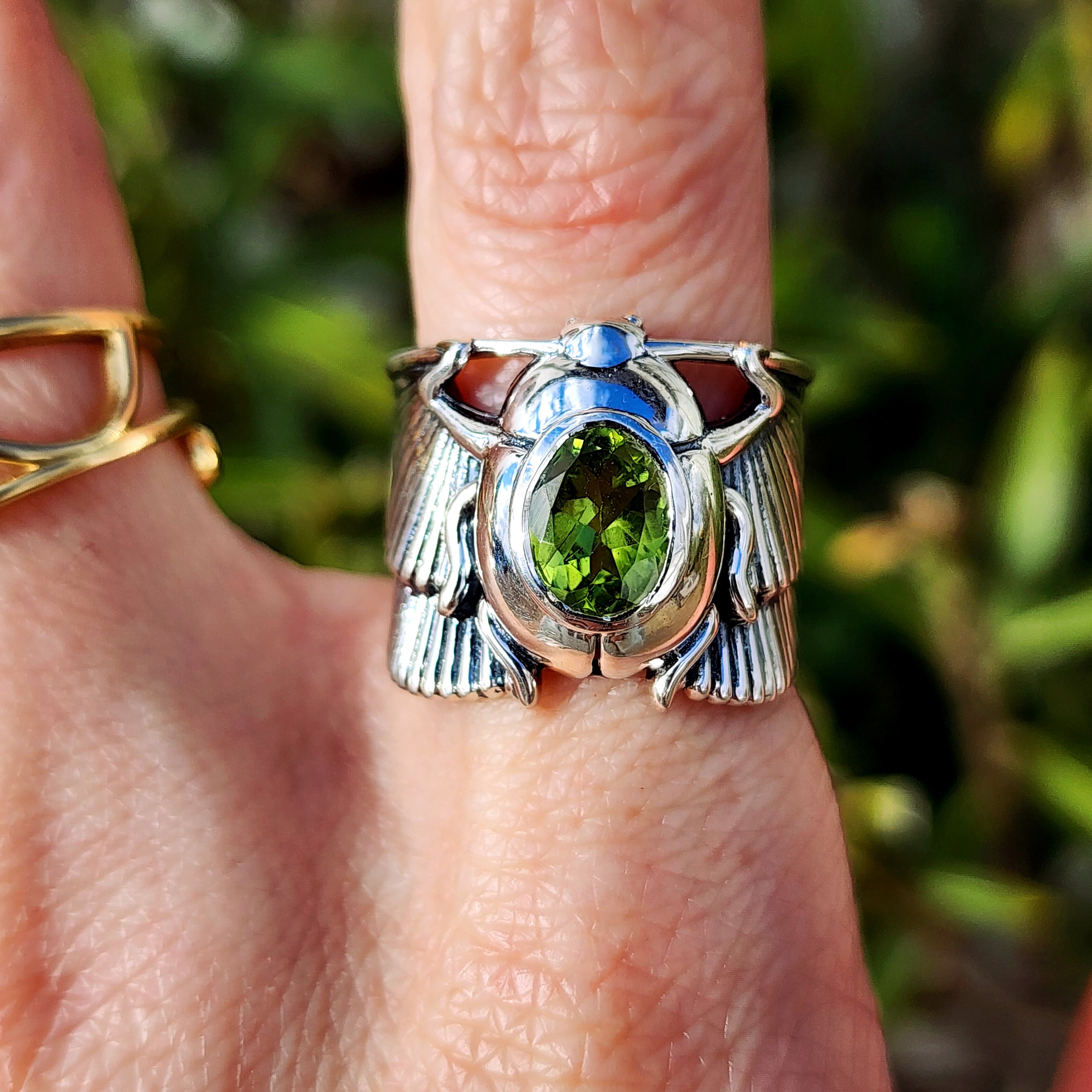 Peridot Scarab Finger Cuff Adjustable Ring .925 Silver for Abundance, Health, Protection and Power