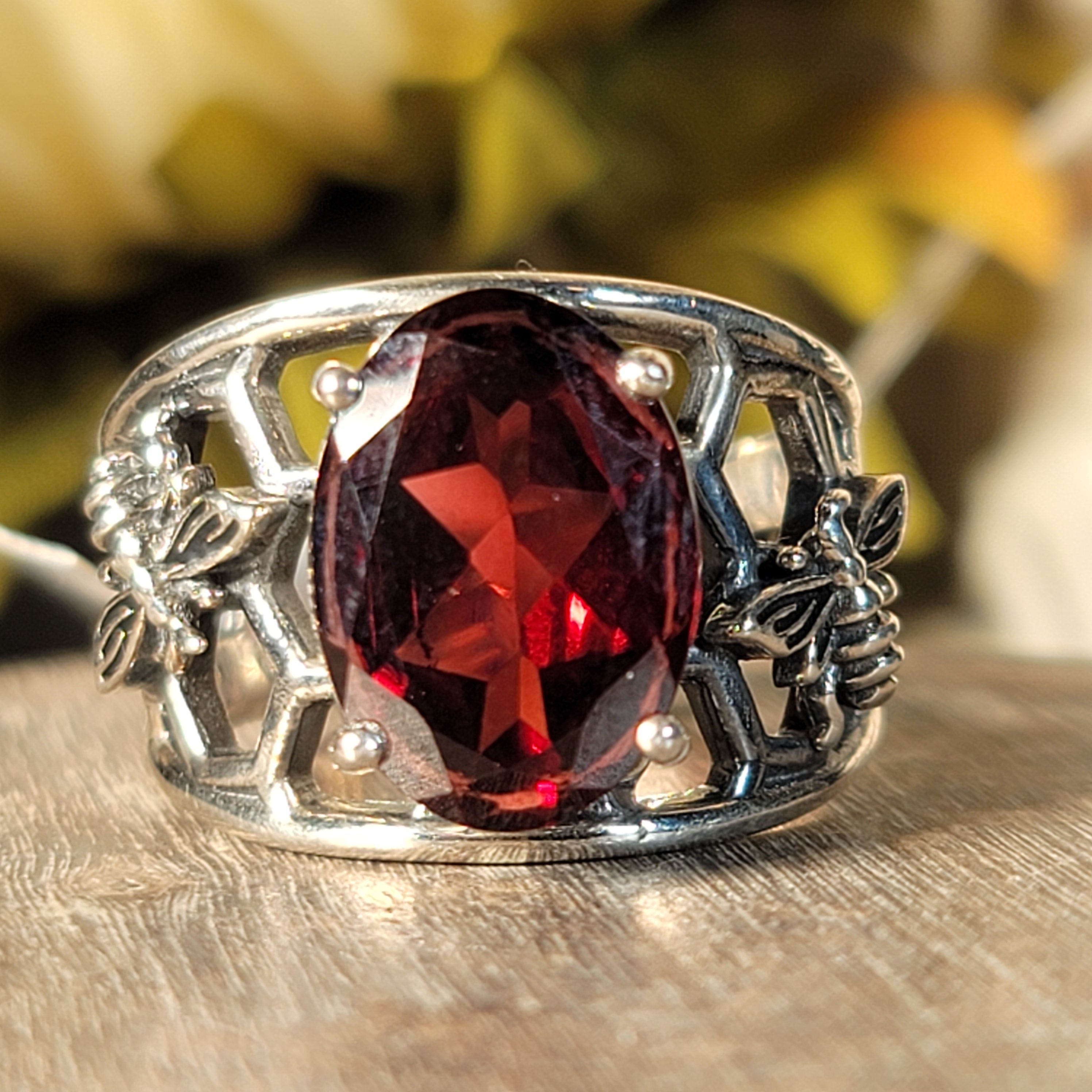 Garnet Bee Adjustable Cuff Ring .925 Silver for Health and Strength