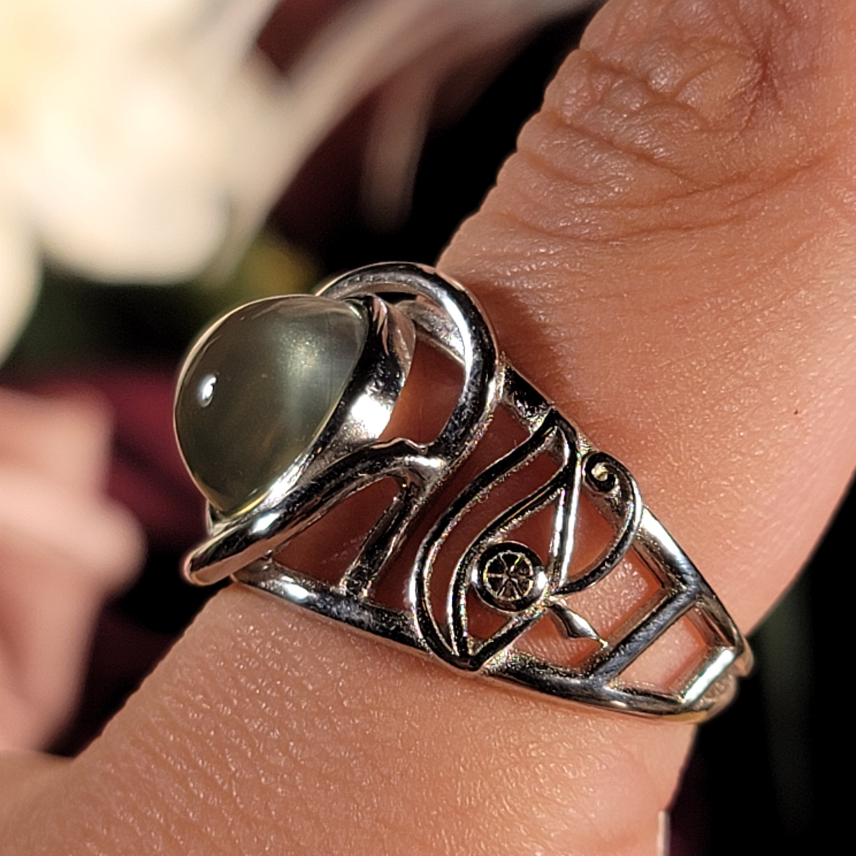 Prehnite Egyptian Eye Cuff Ring .925 Silver for Heart Healing and Rejuvenation