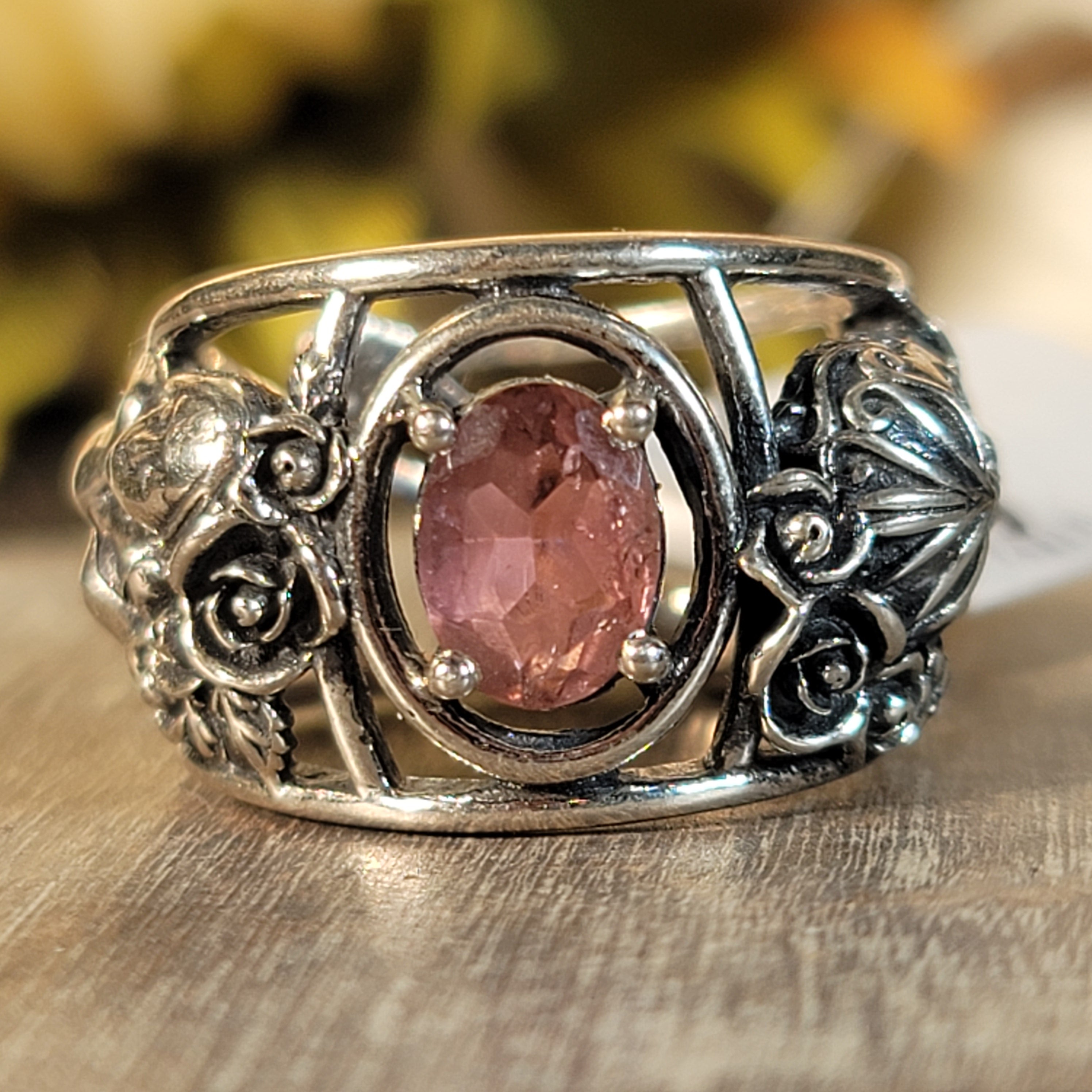 Pink Tourmaline Dia de los Muertos Adjustable Cuff Ring .925 Silver for Emotional Healing, Joy and Love