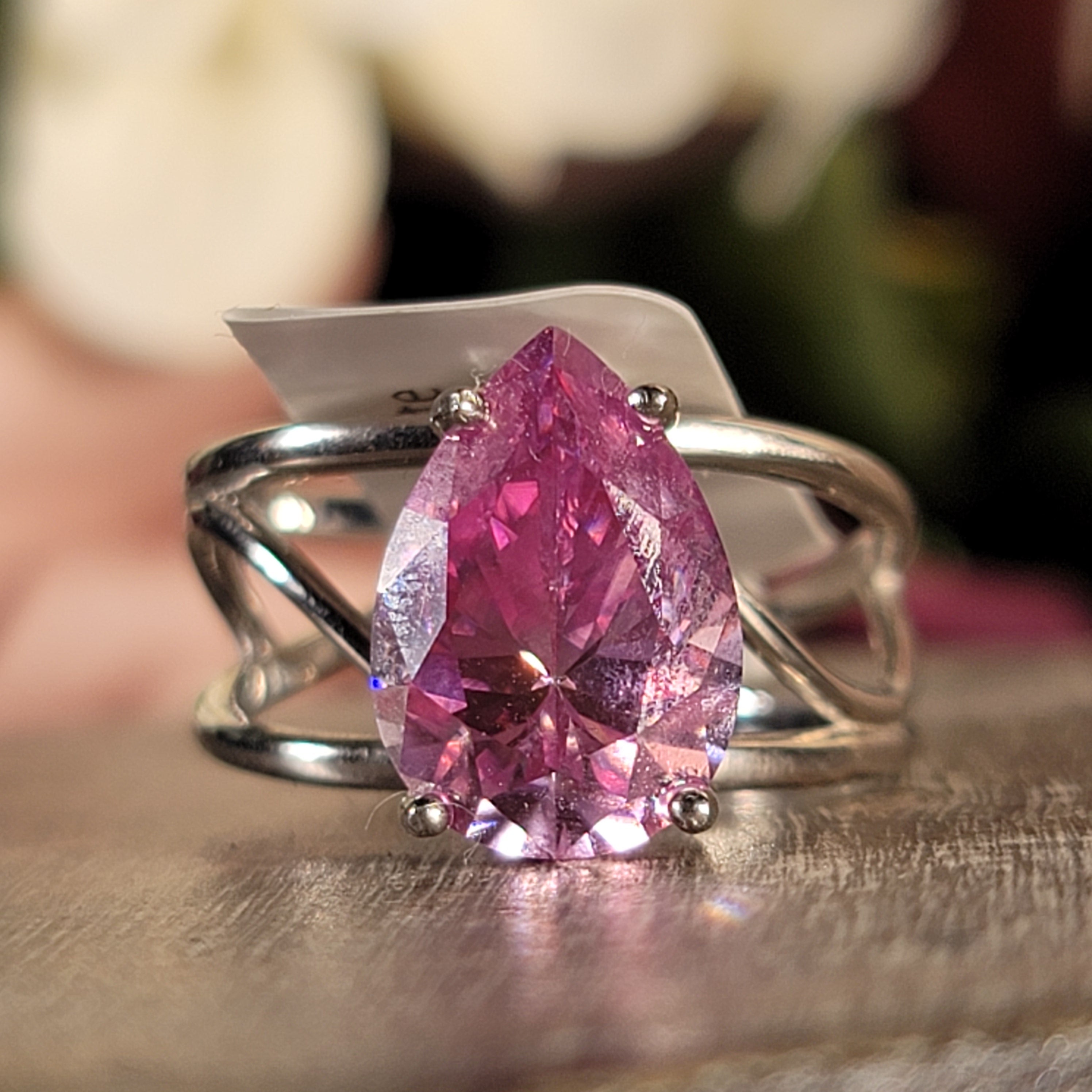 Pink Moissanite Cuff Ring, Adjustable Ring .925 Silver for Enlightenment, Inner Peace & Spiritual Transformation