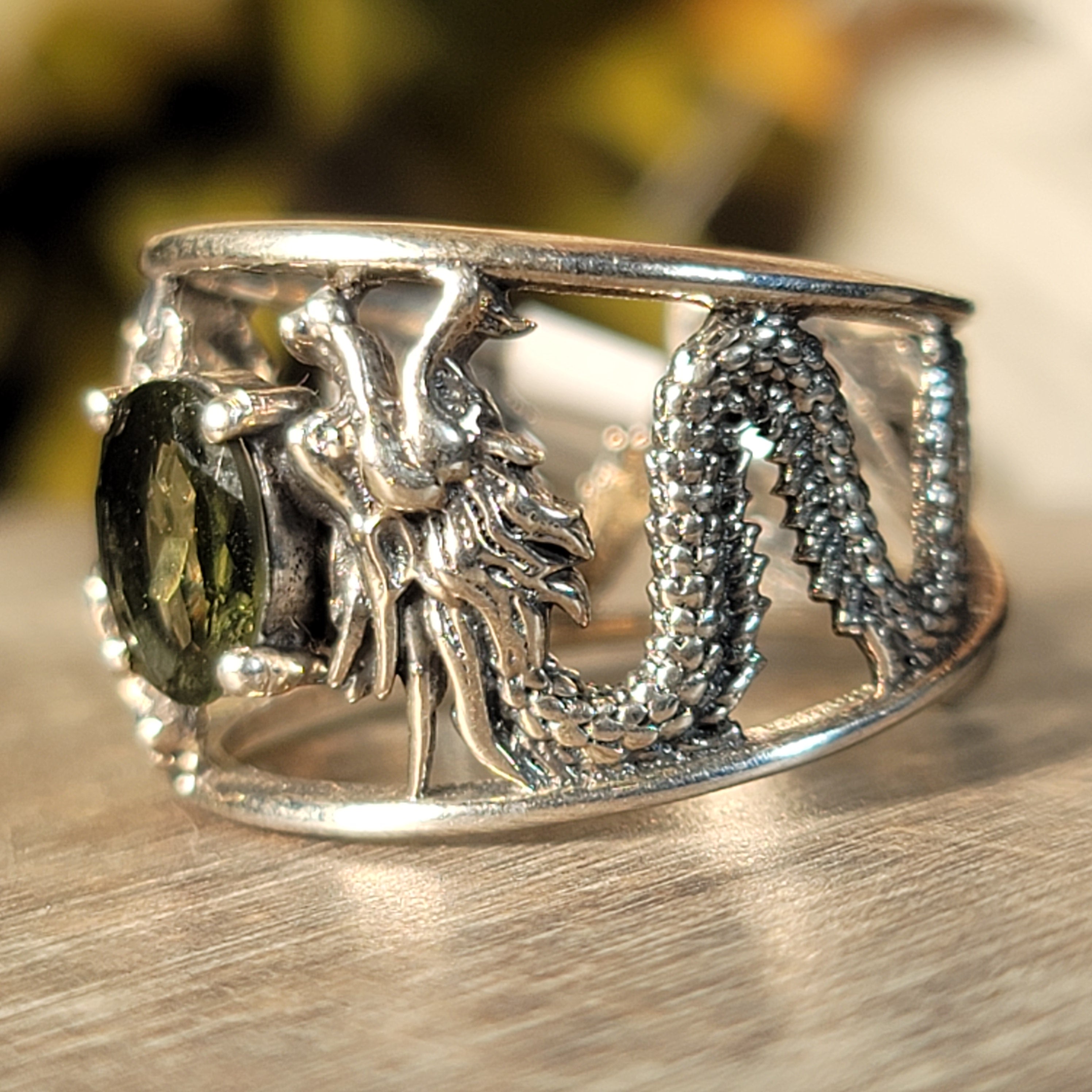 Moldavite Dragon Cuff Ring .925 Silver for Manifesting your Dream Life