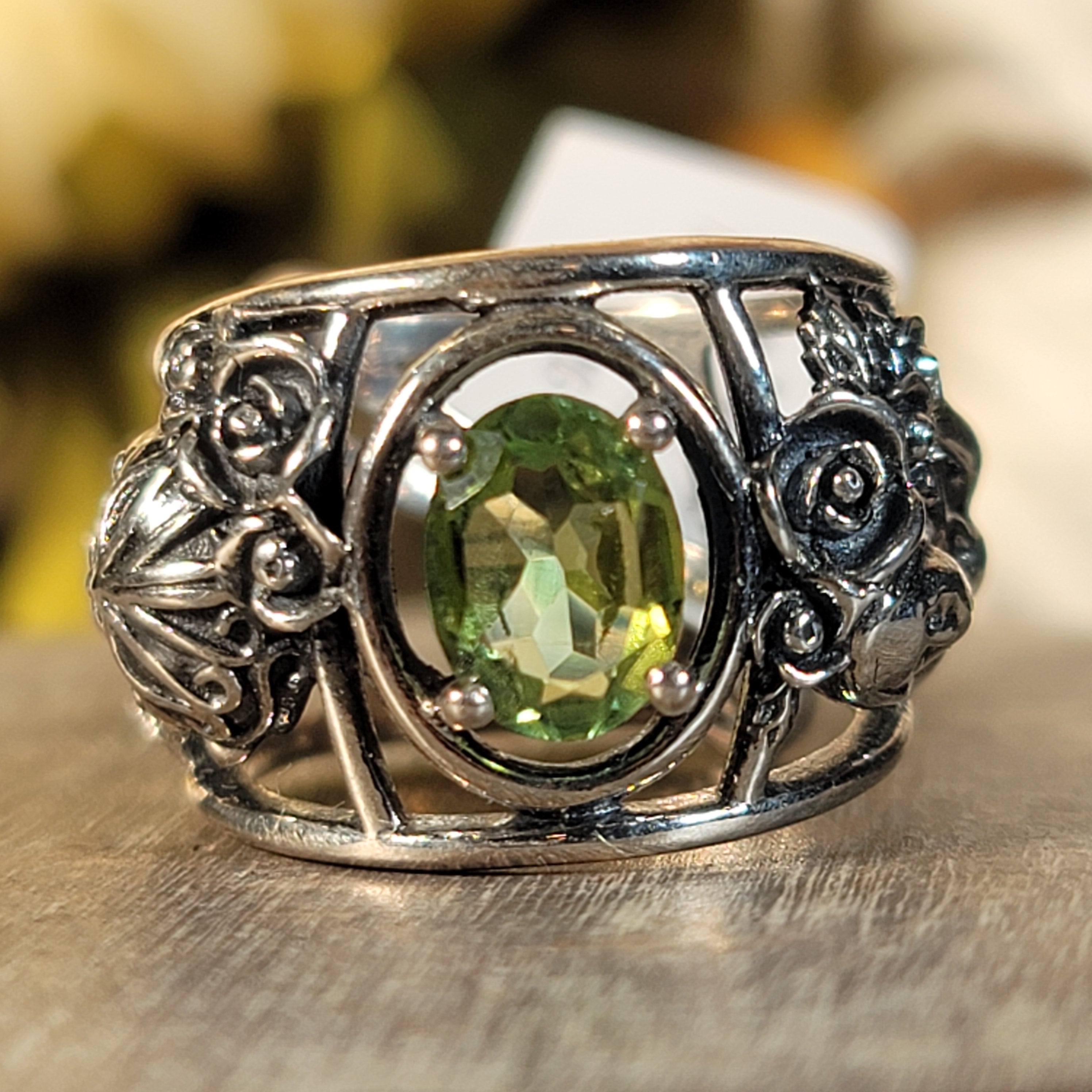 Green Tourmaline Dia de los Muertos Cuff Ring .925 Silver for Healing, Joy and Love