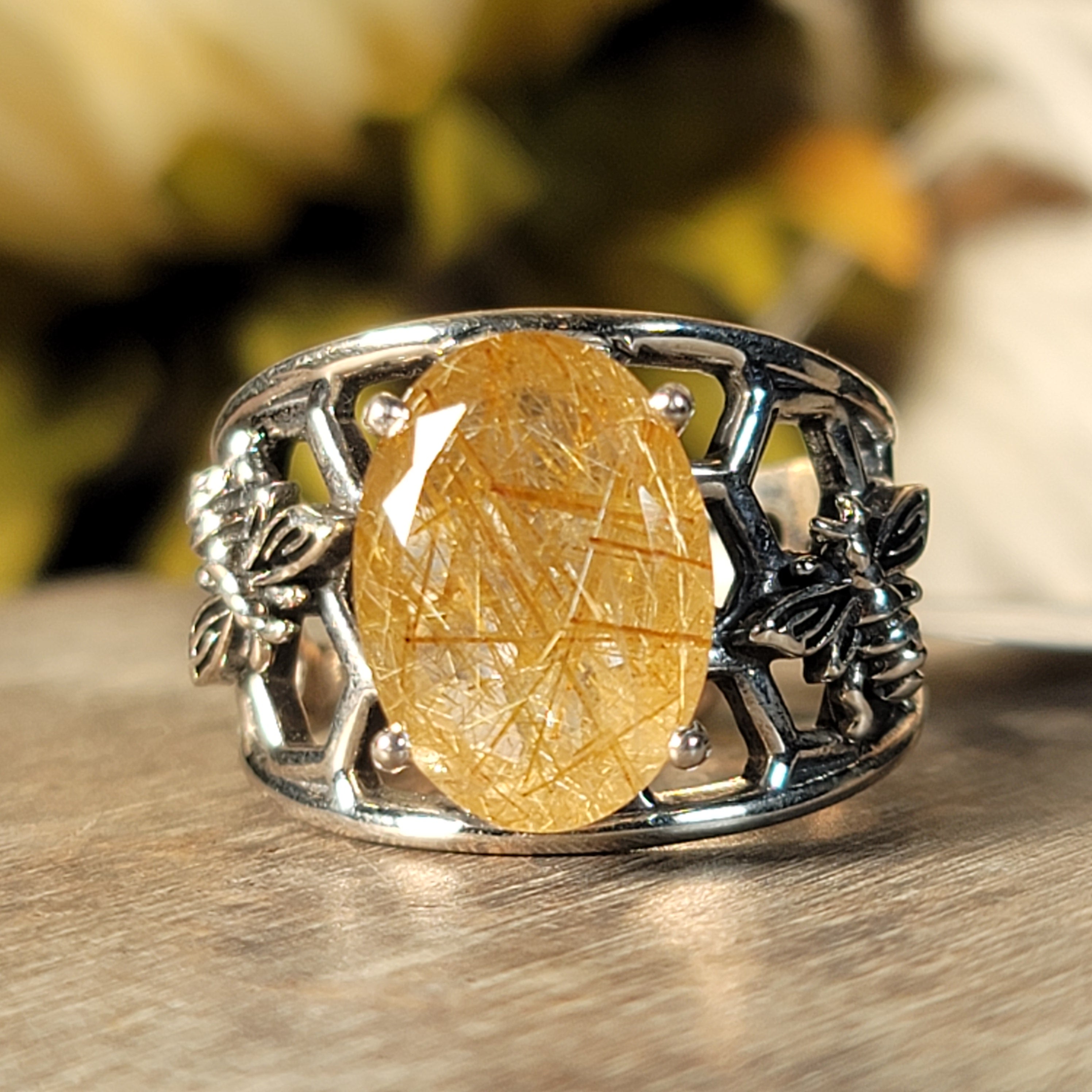 Gold Rutile Bee Cuff Ring .925 Silver for Insight, Meditation & Shamanic Journey