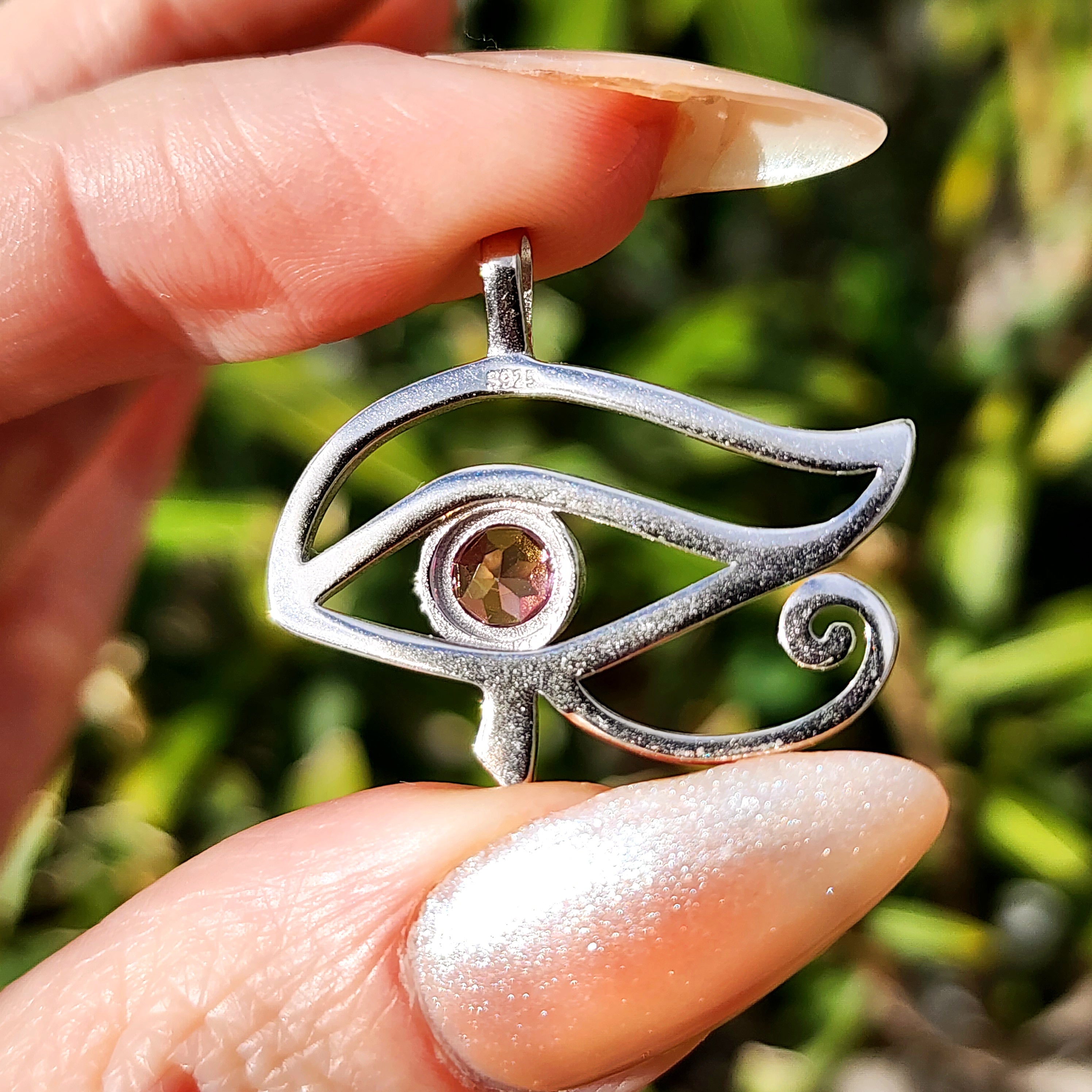 Pink Topaz Eye of Ra Amulet Pendant .925 Silver for Attracting Love, Protection and Power