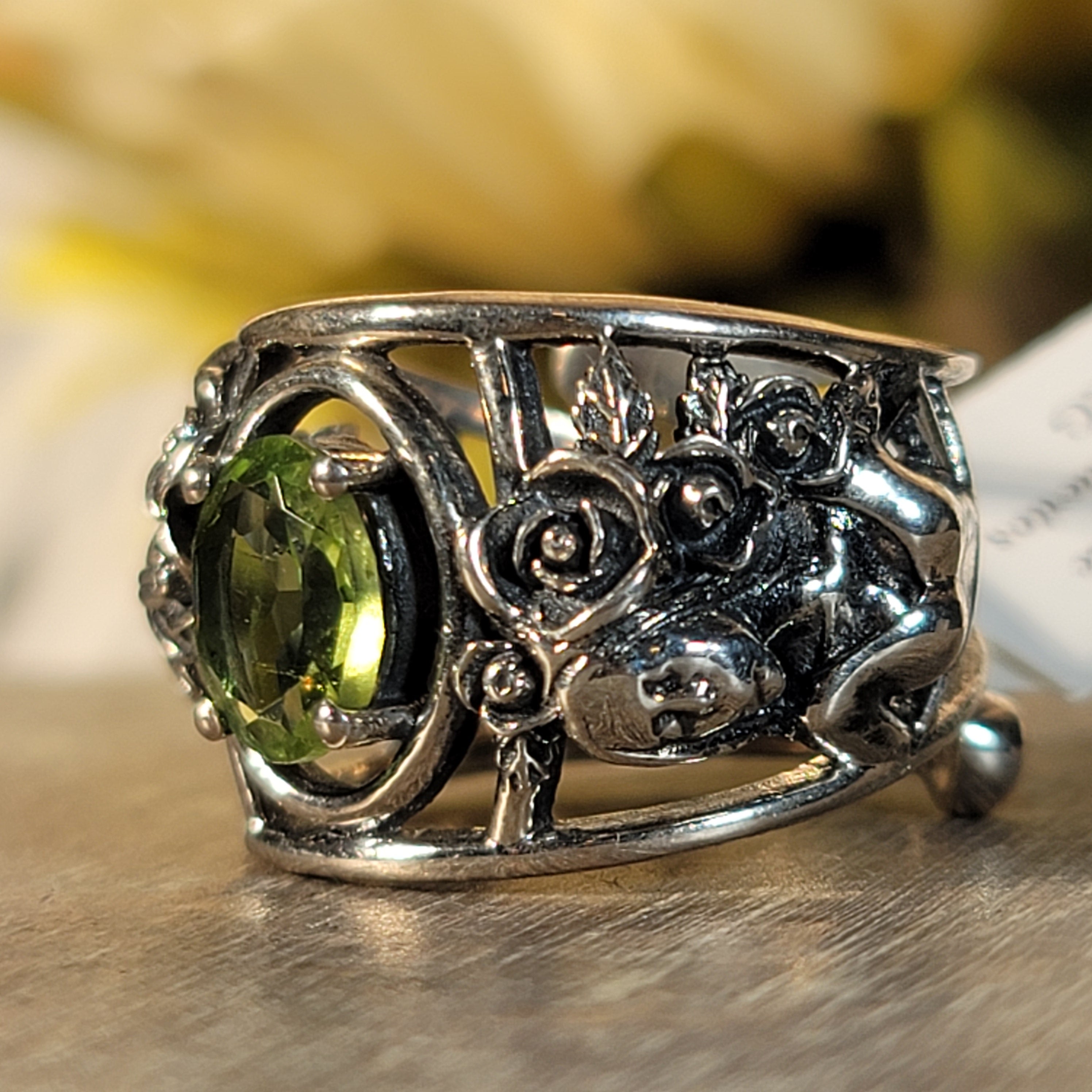 Green Tourmaline Dia de los Muertos Cuff Ring .925 Silver for Healing, Joy and Love