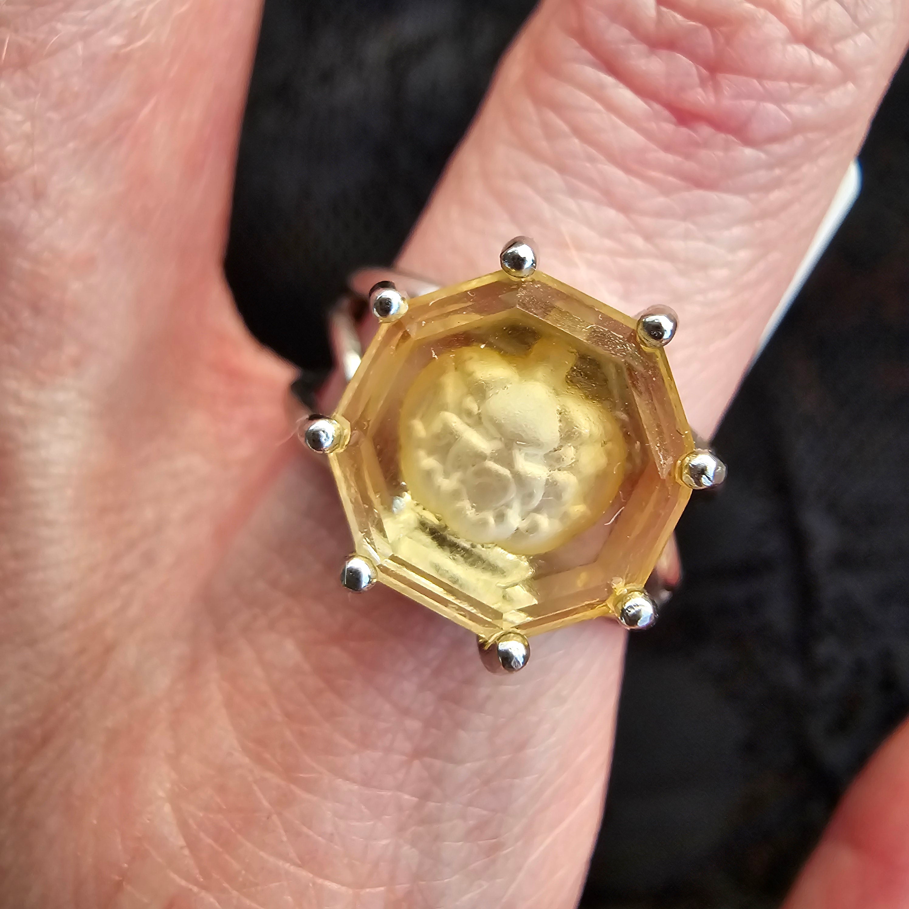 Citrine Sinister Jack O'Lantern Adjustable Finger Cuff Ring .925 Silver for Abundance, Good Luck and Positivity