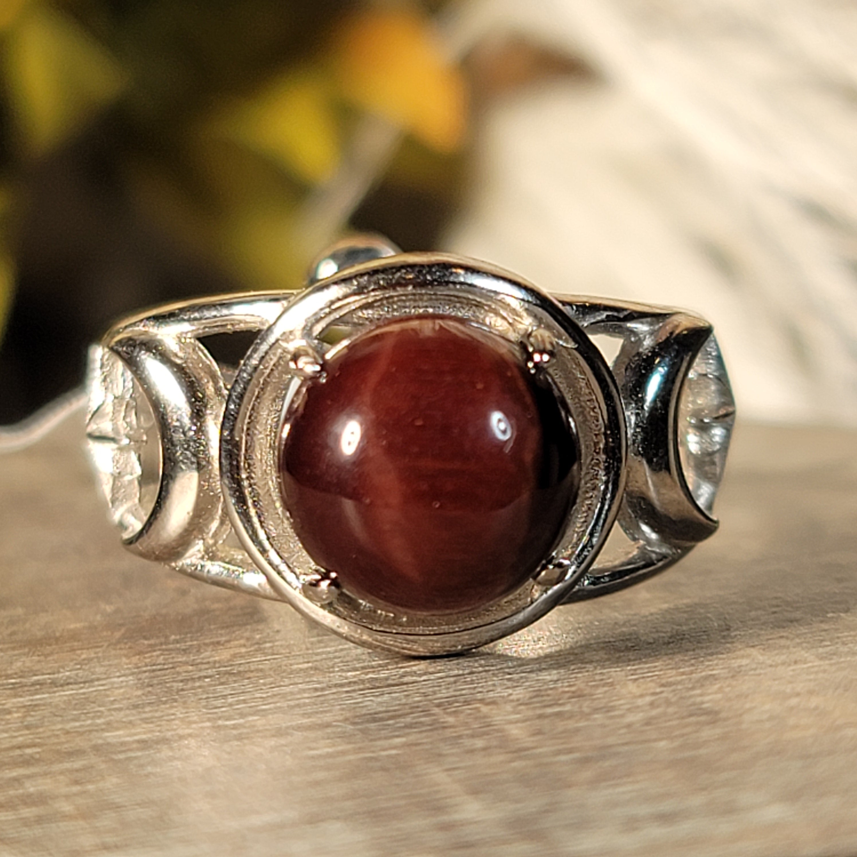 Red Tiger Eye Triple Moon Cuff Ring .925 Silver for Balancing Emotions, Motivation and Strength