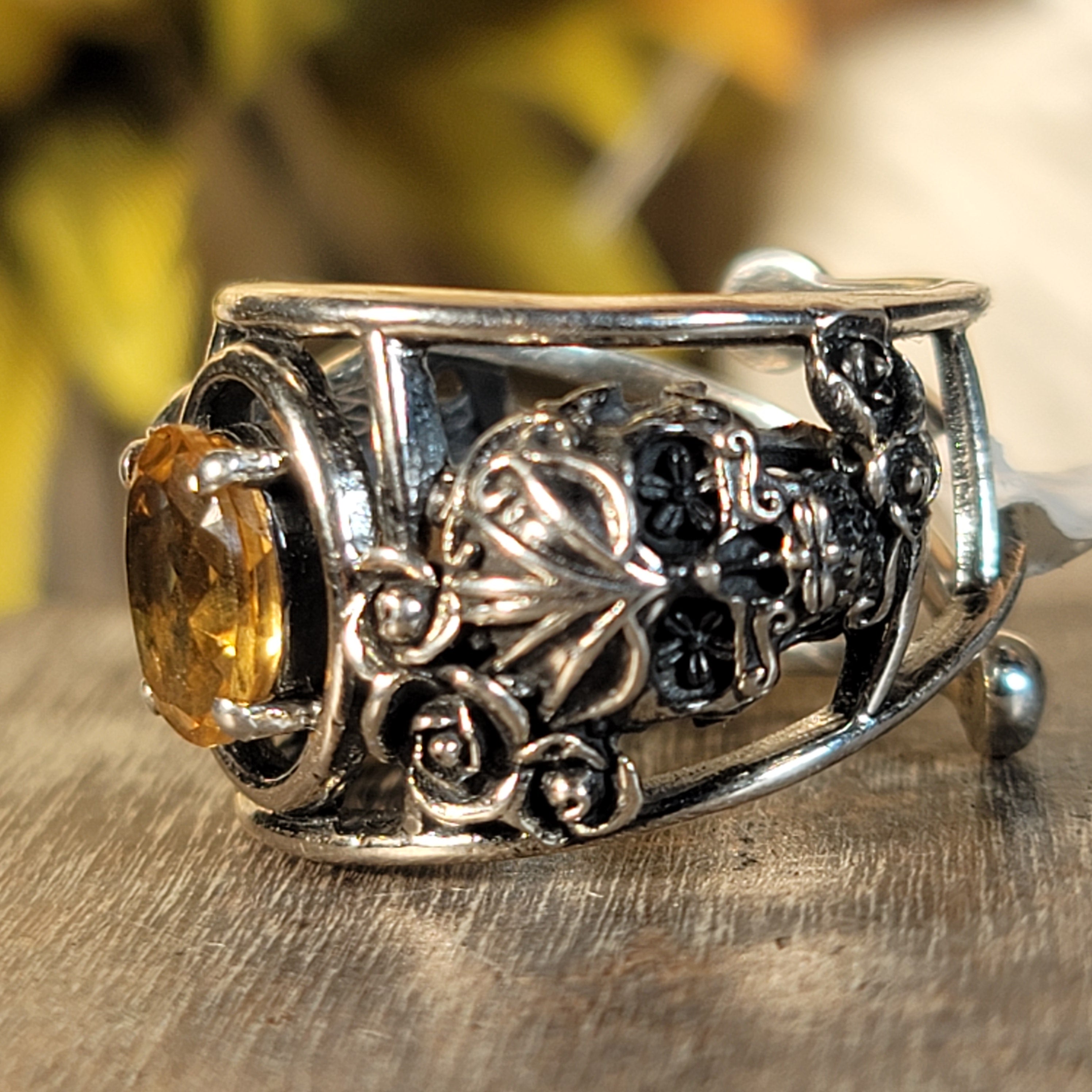 Citrine Dia de los Muertos Cuff Ring .925 Silver for Abundance, Good Luck and Positivity