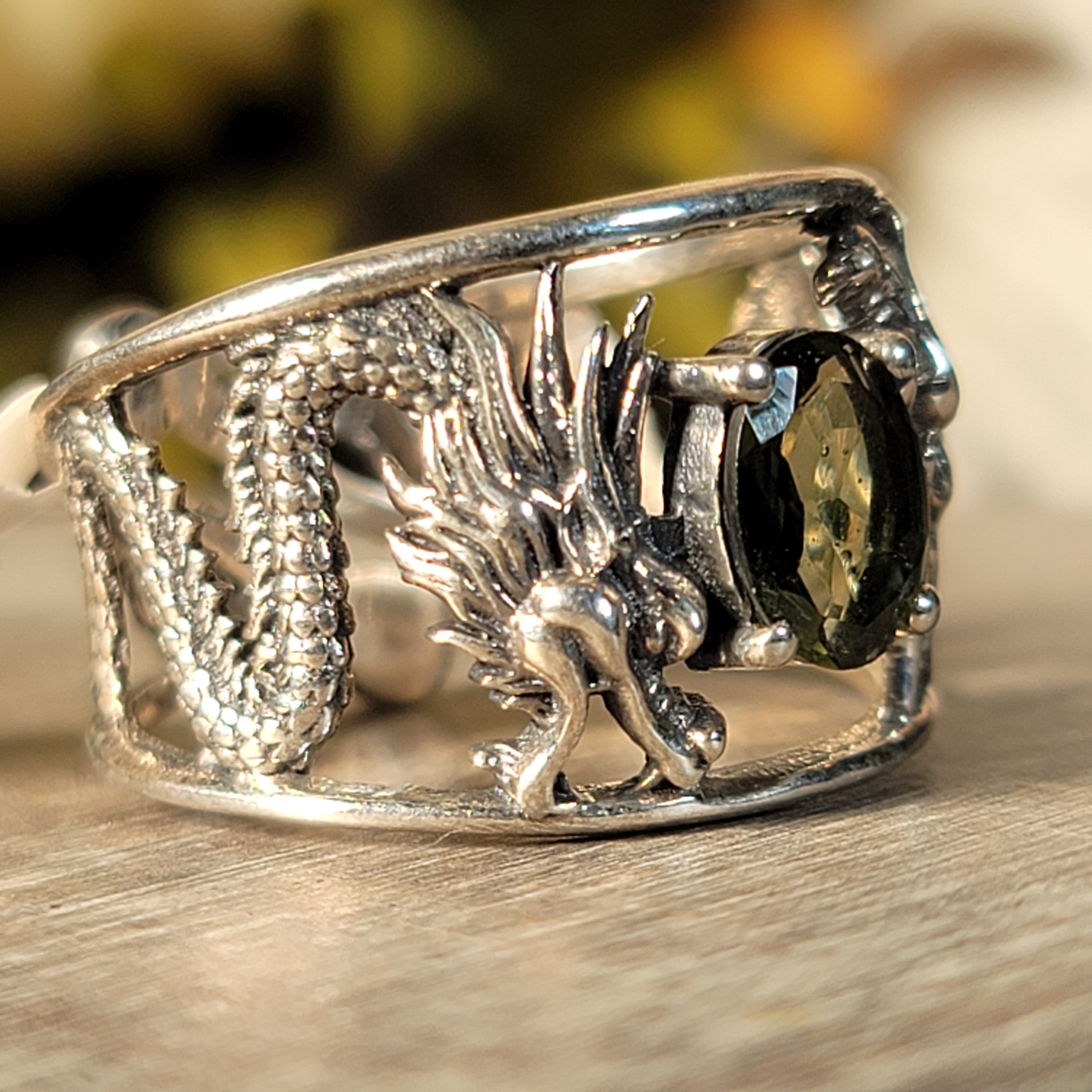 Moldavite Dragon Cuff Ring .925 Silver for Manifesting your Dream Life