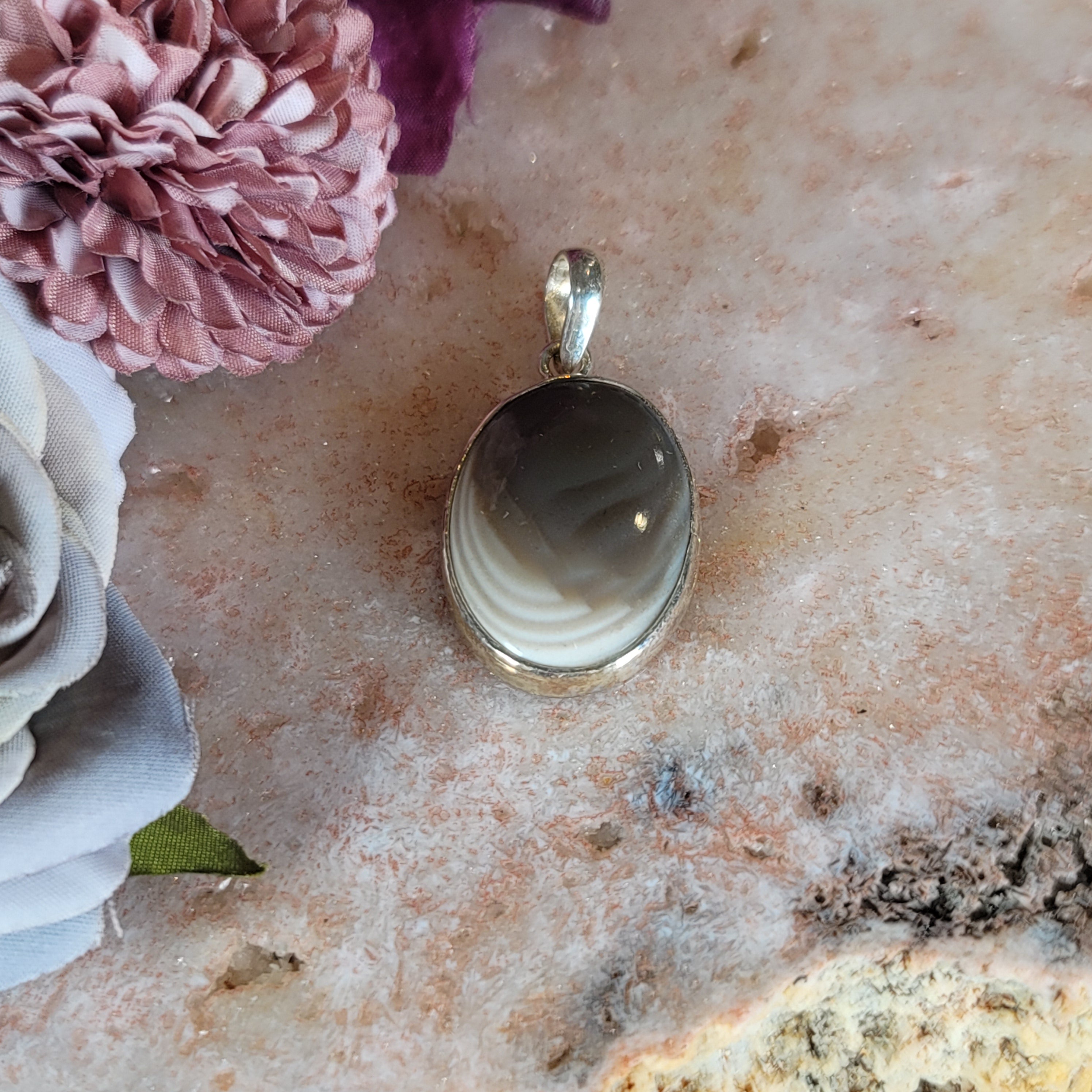 Polish Striped Flint Pendant .925 Silver for Powerful Protection Against Negative Energy