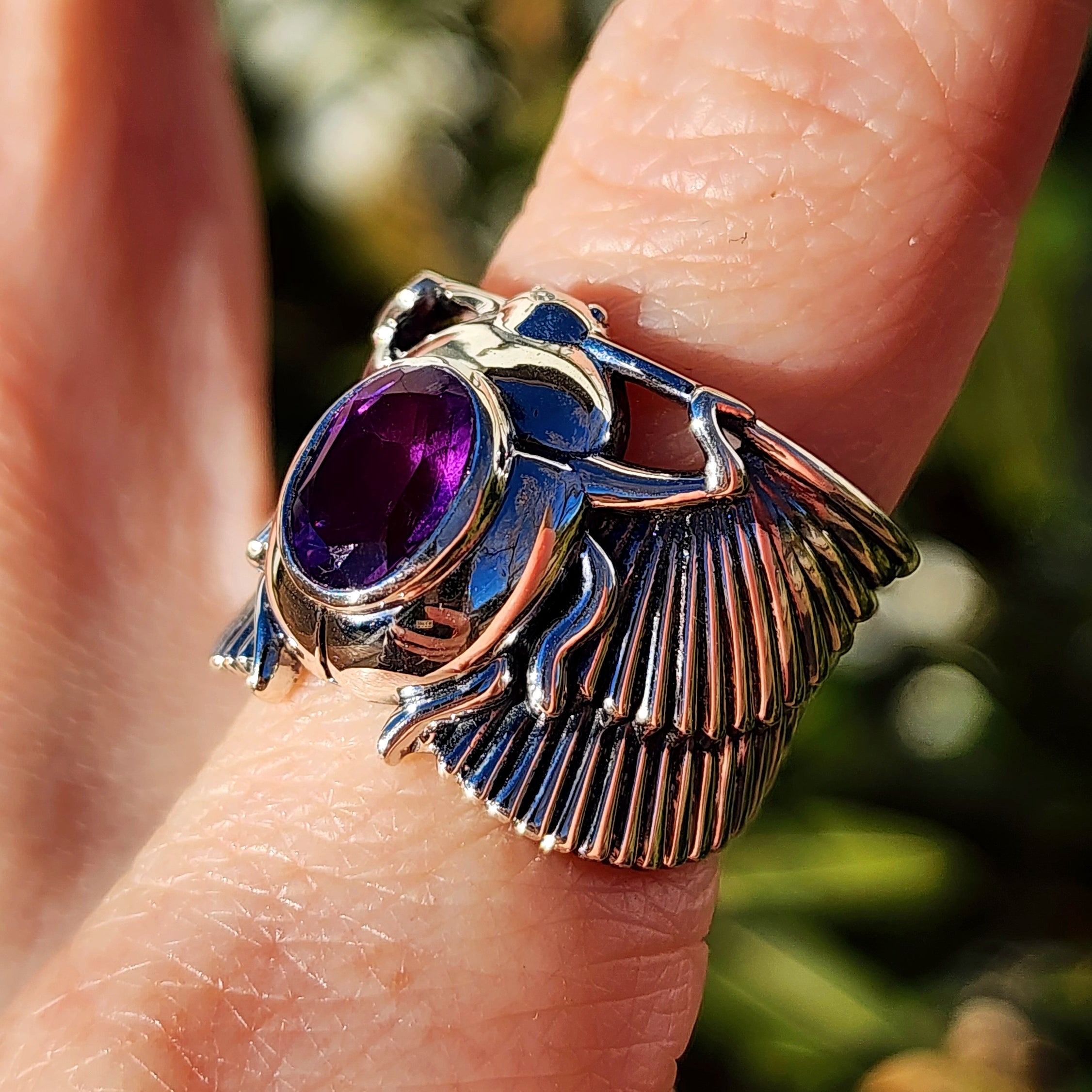Amethyst Scarab Finger Cuff Adjustable Ring .925 Silver for Intuition, Luck, Protection and Purification