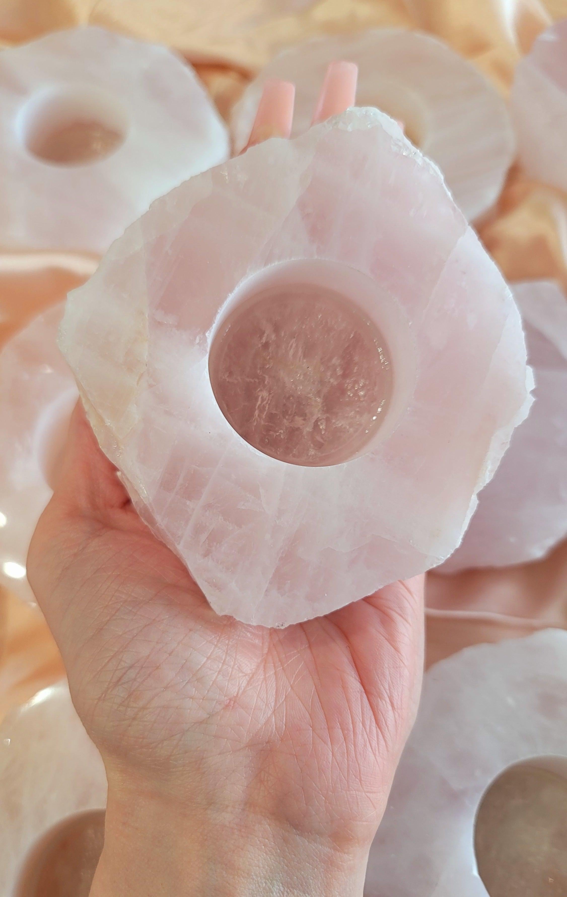 Polished Rose Quartz Candle Holder for Peaceful and Loving Vibes