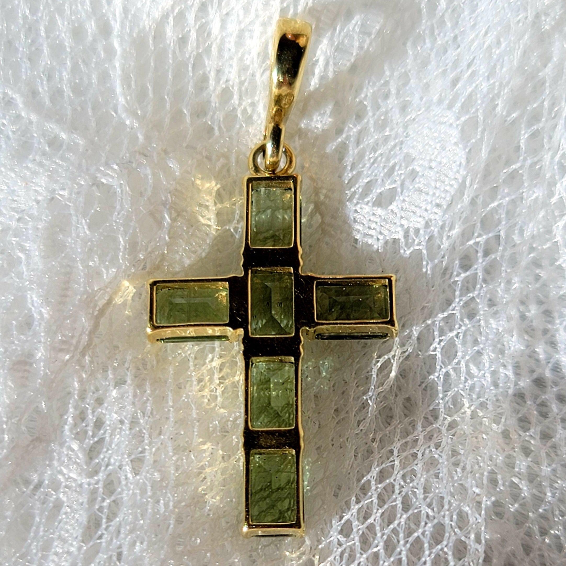 14K Gold Faceted Moldavite Cross Pendant