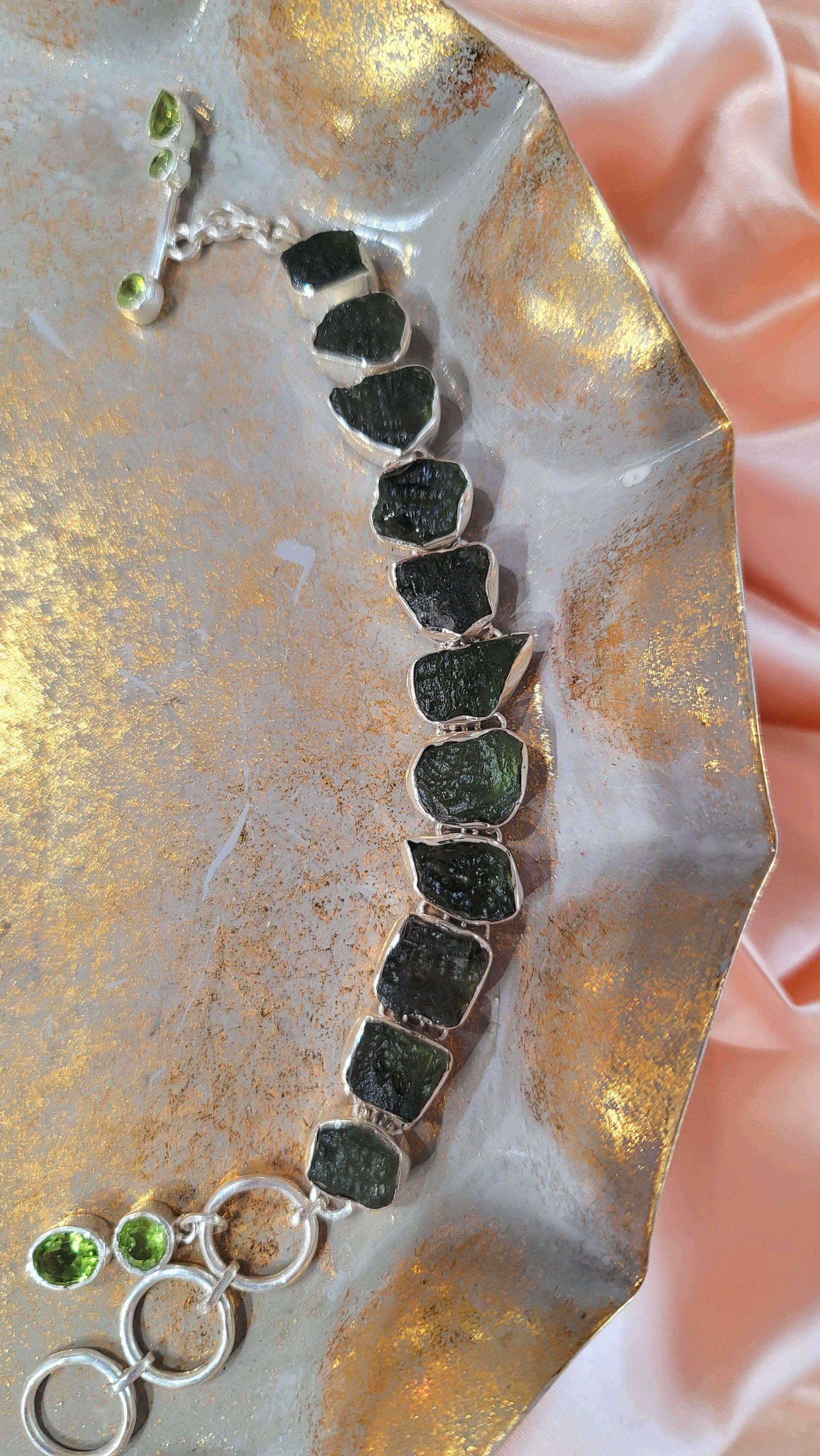 Moldavite & Peridot .925 Silver Bracelet