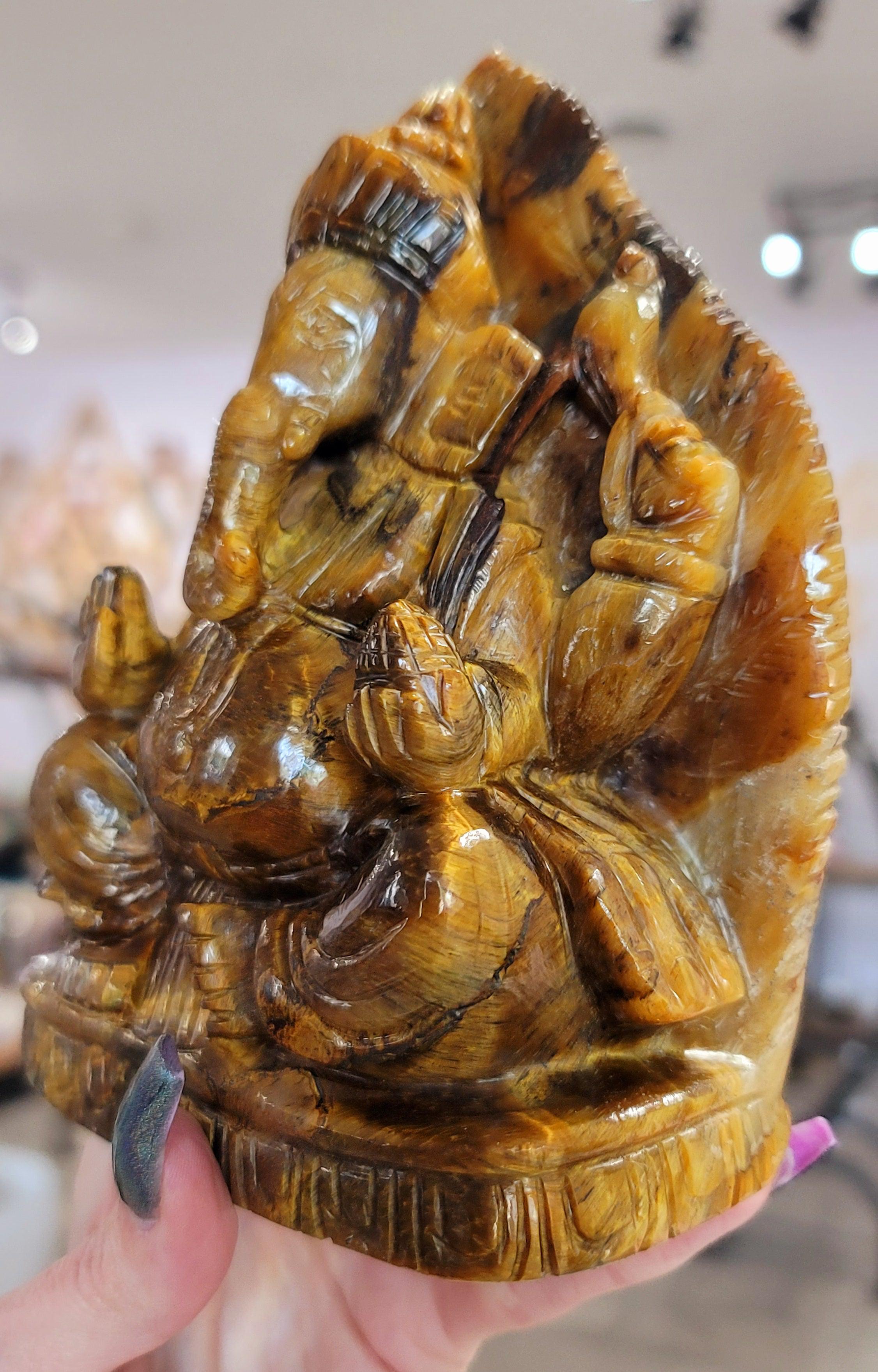 Tiger Eye Ganesha Carving for Removing Blockages to Courage and Strength