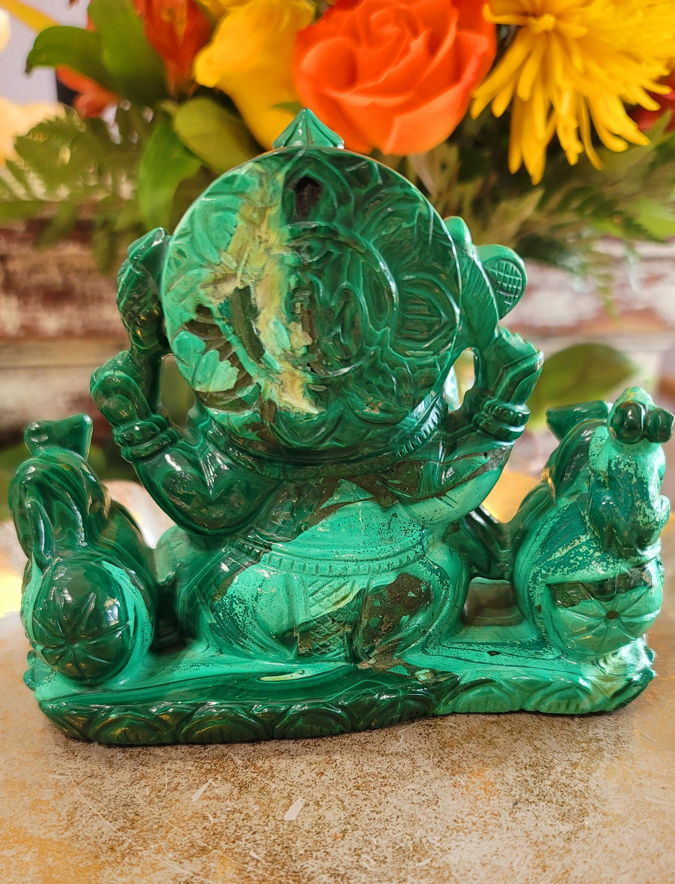 Malachite Ganesha Carving for Removing Blockages to Abundance and Health