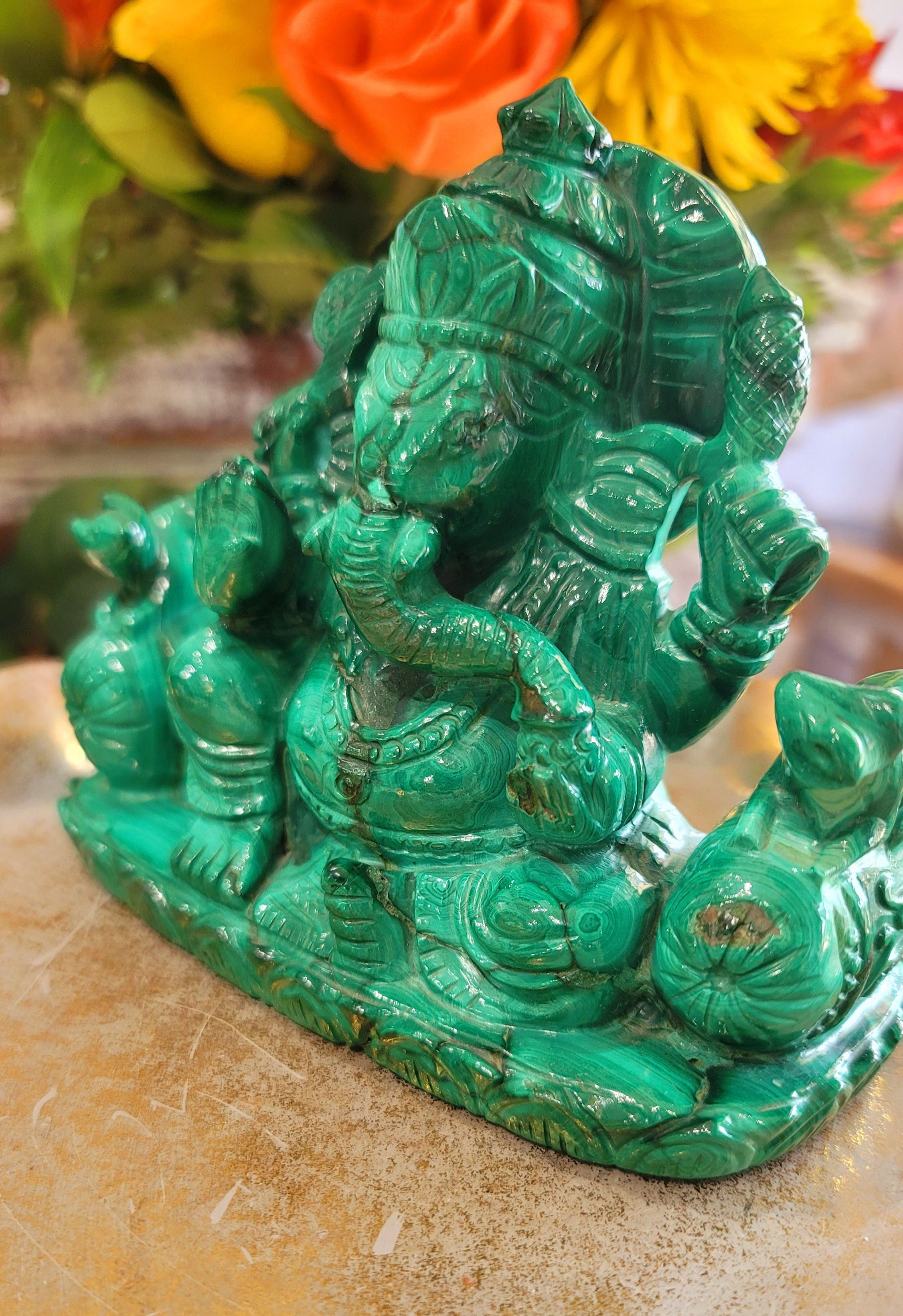 Malachite Ganesha Carving for Removing Blockages to Abundance and Health