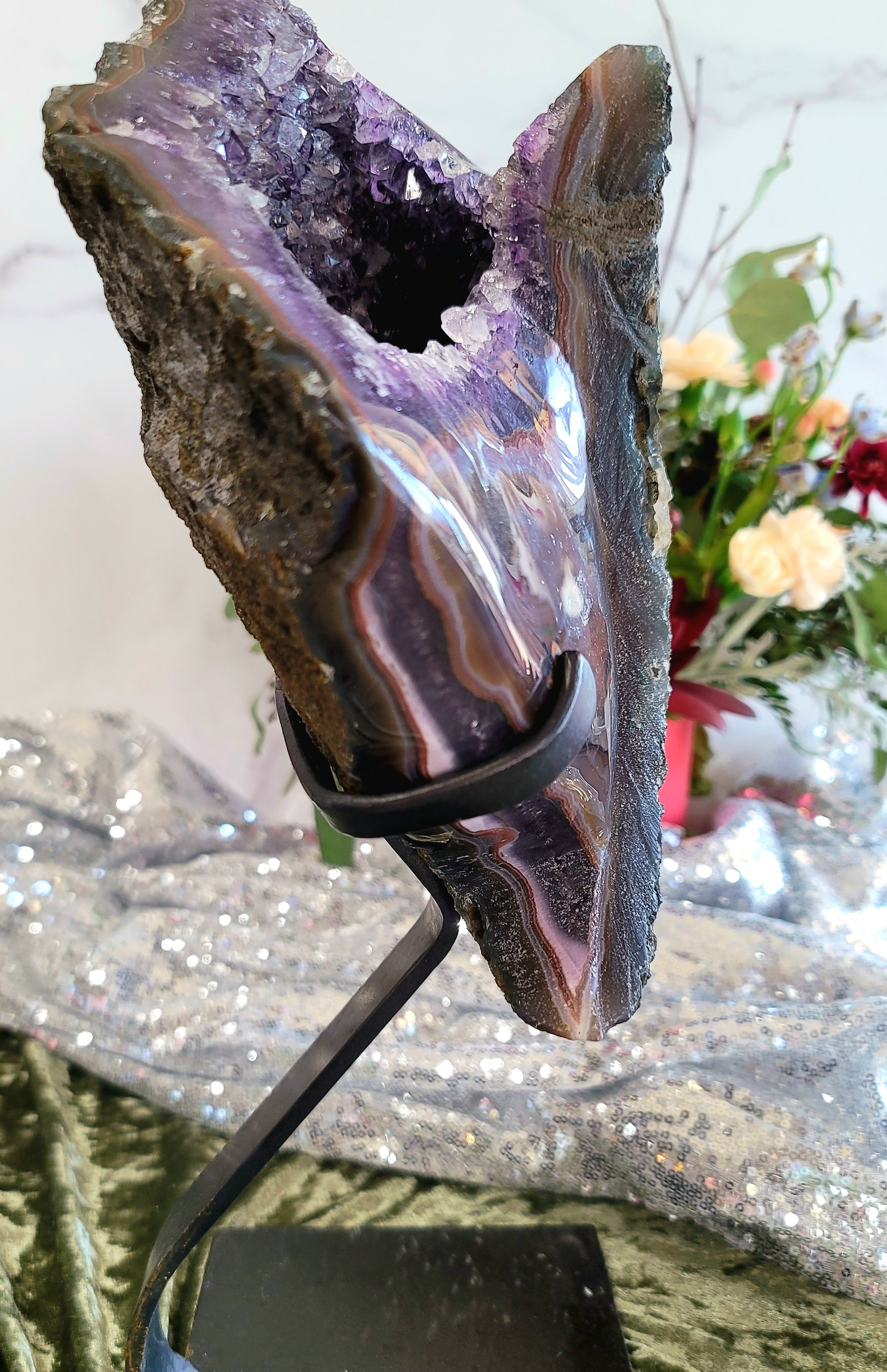 Uruguayan Amethyst Moon Geode on Stand for Intuition & Protection