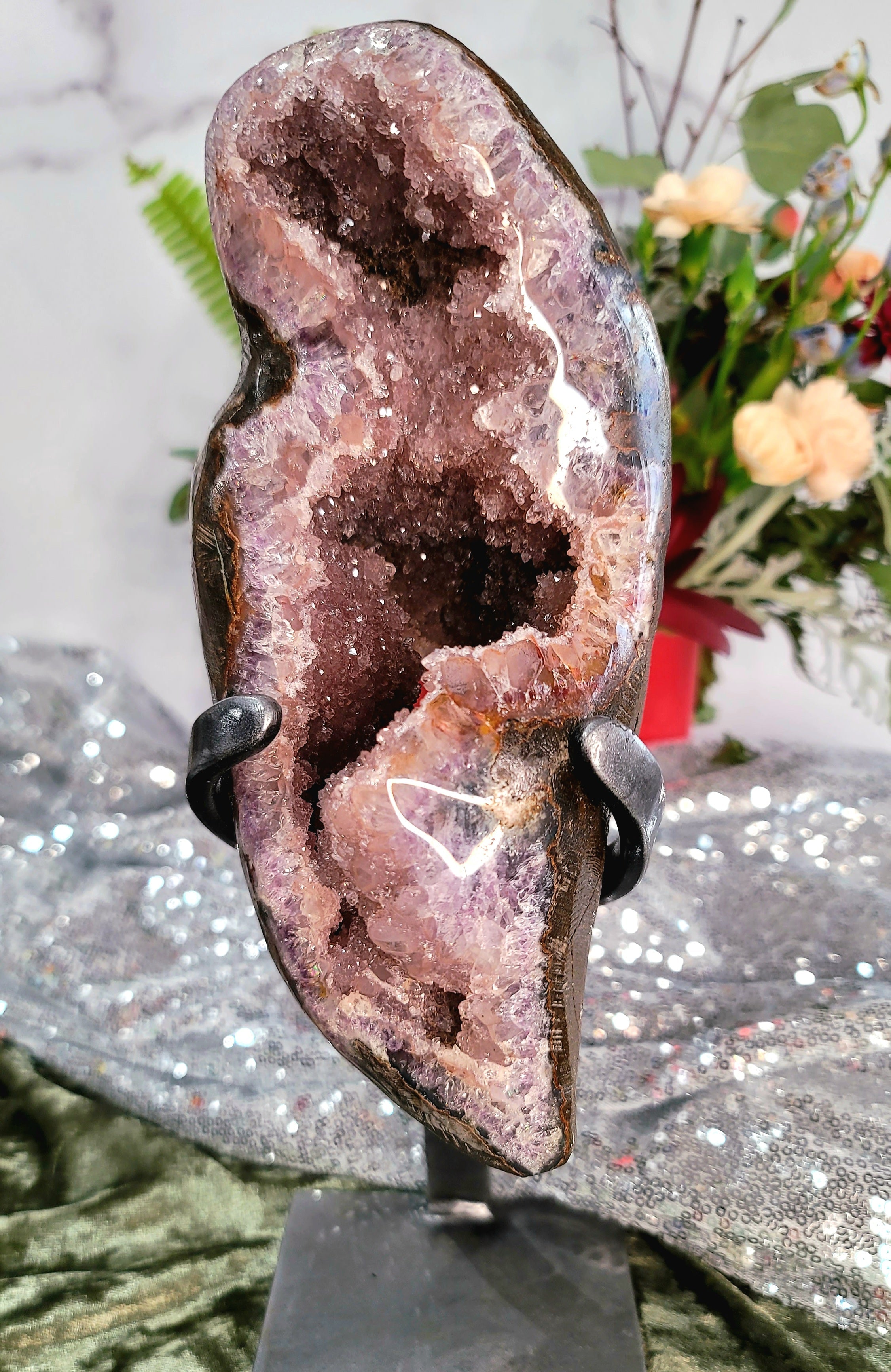 Uruguayan Pink Amethyst Geode on Stand for Intuition & Protection