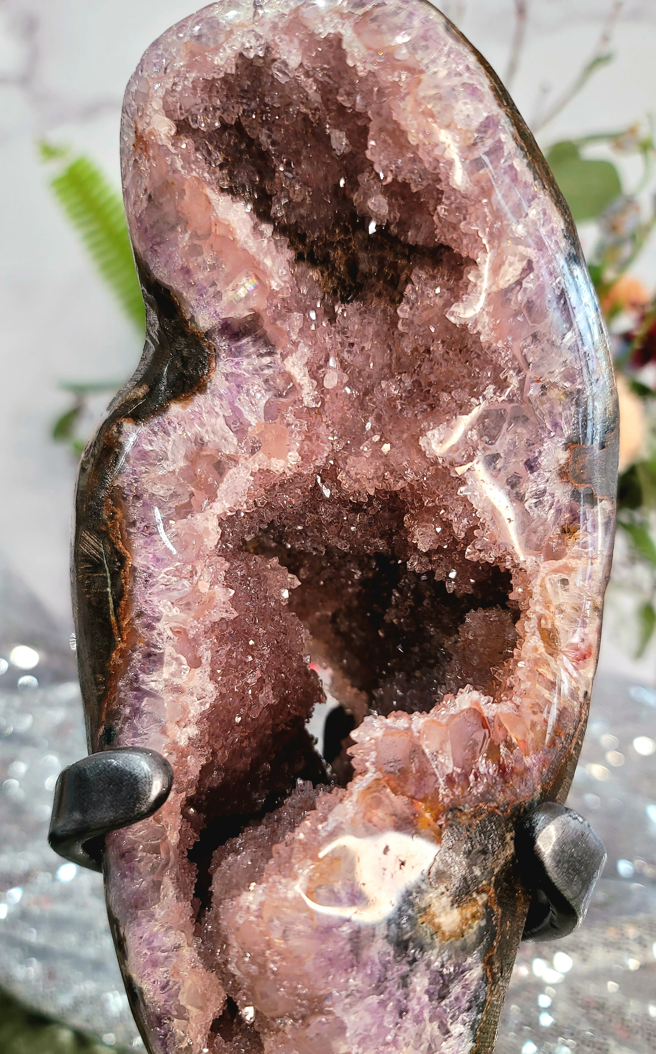 Uruguayan Pink Amethyst Geode on Stand for Intuition & Protection