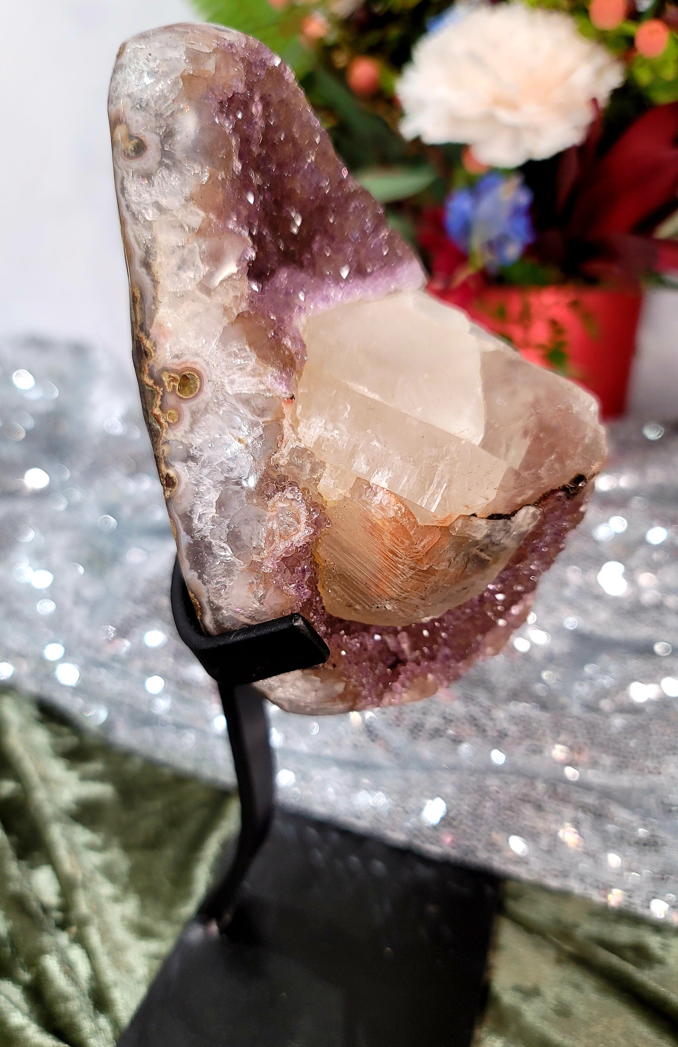 Uruguayan Amethyst with Calcite Geode on Stand for Intuition & Protection