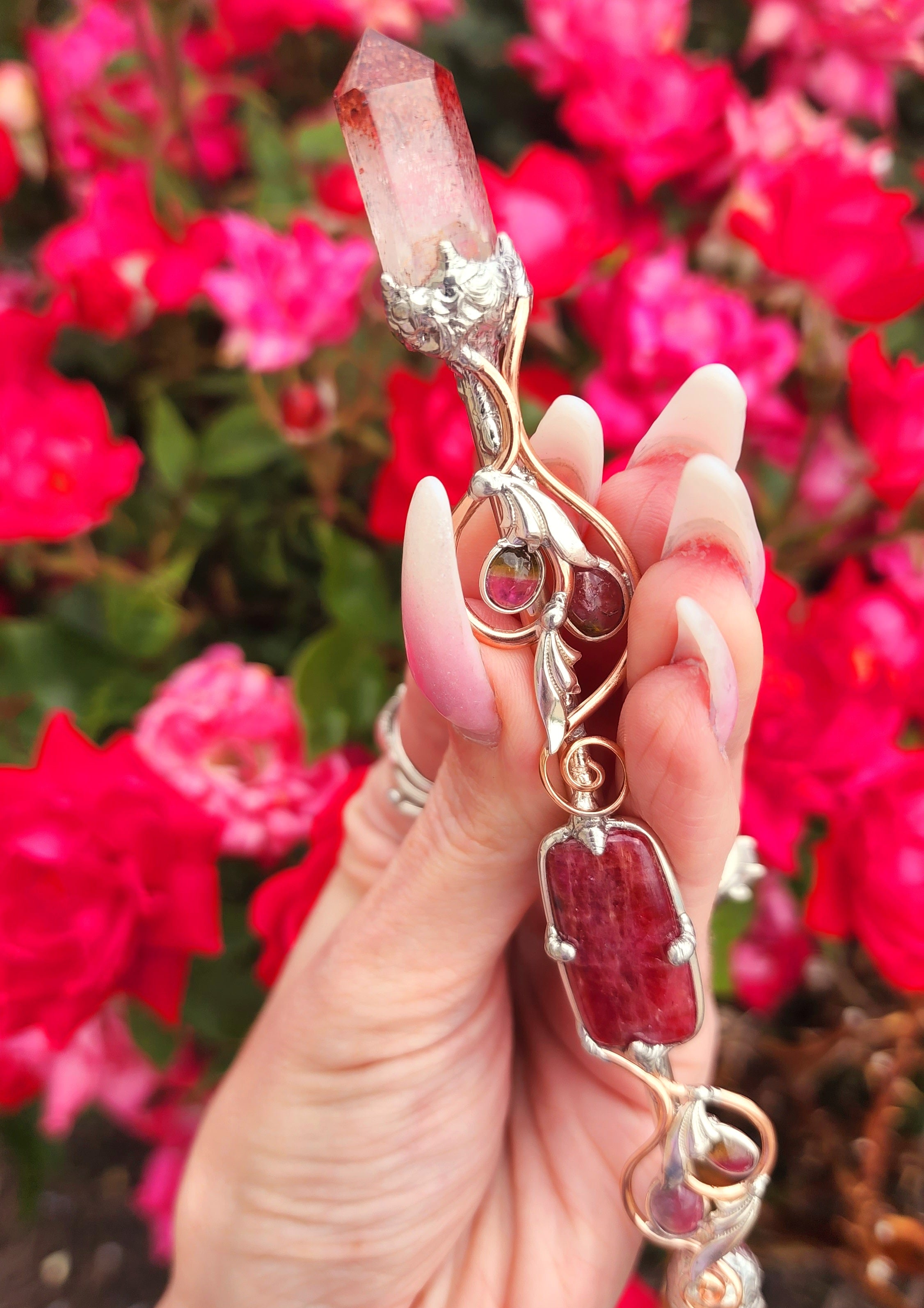 One of a Kind Collector Wand ~ Gem Rhodonite, Lepidocrocite Quartz and Watermelon Tourmaline