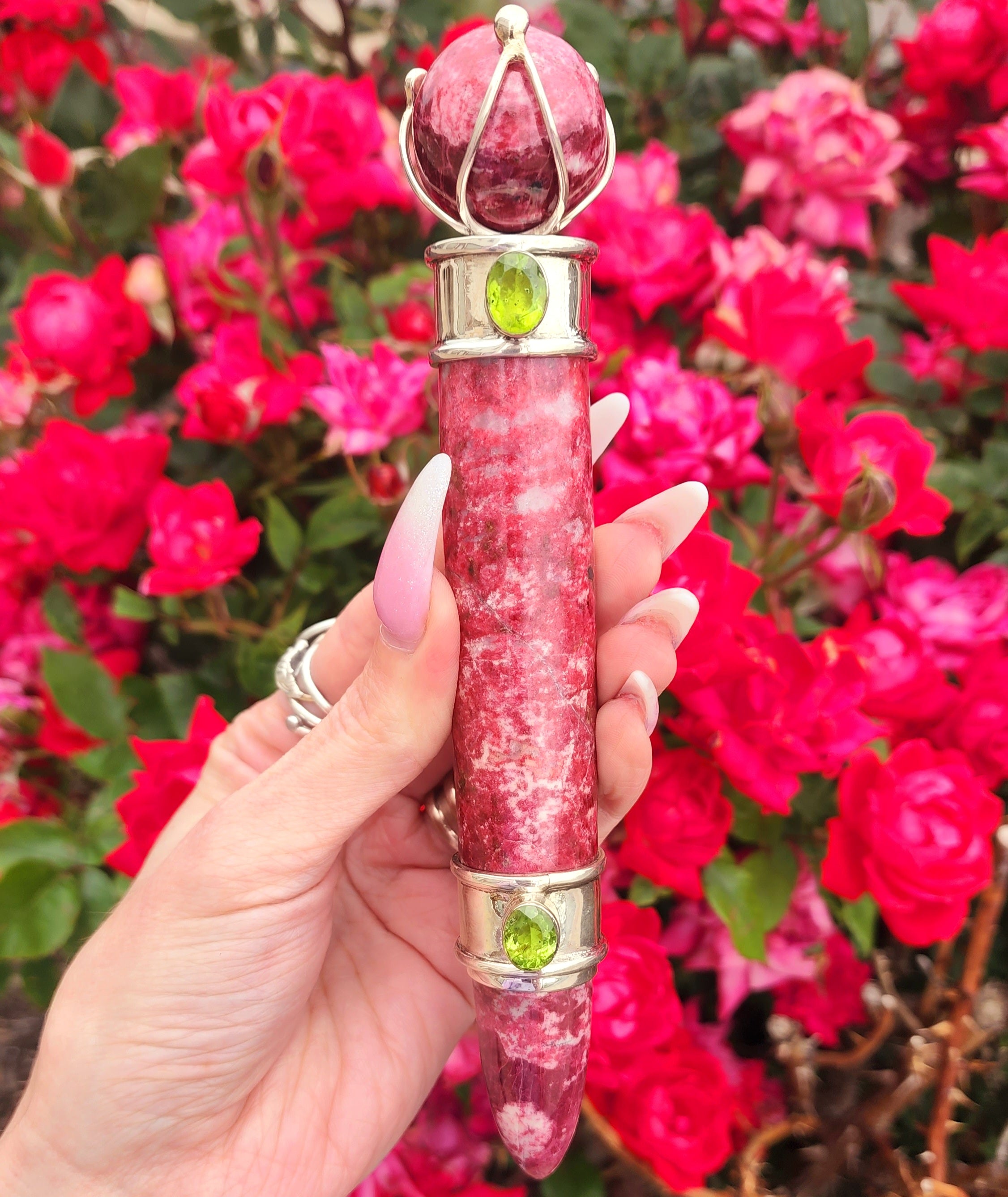 One of a Kind Collector Wand ~ Thulite with Peridot Gemstones