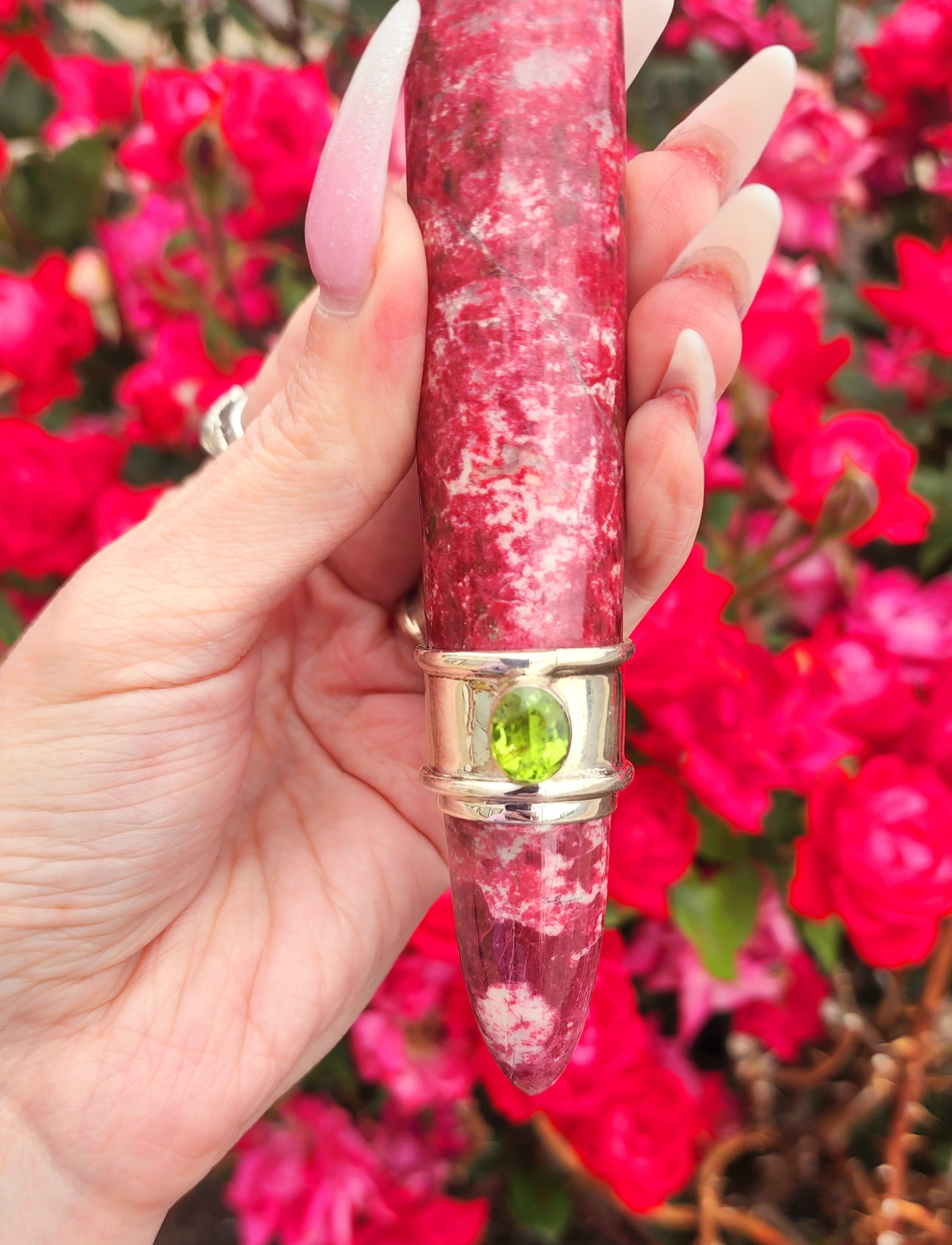 One of a Kind Collector Wand ~ Thulite with Peridot Gemstones