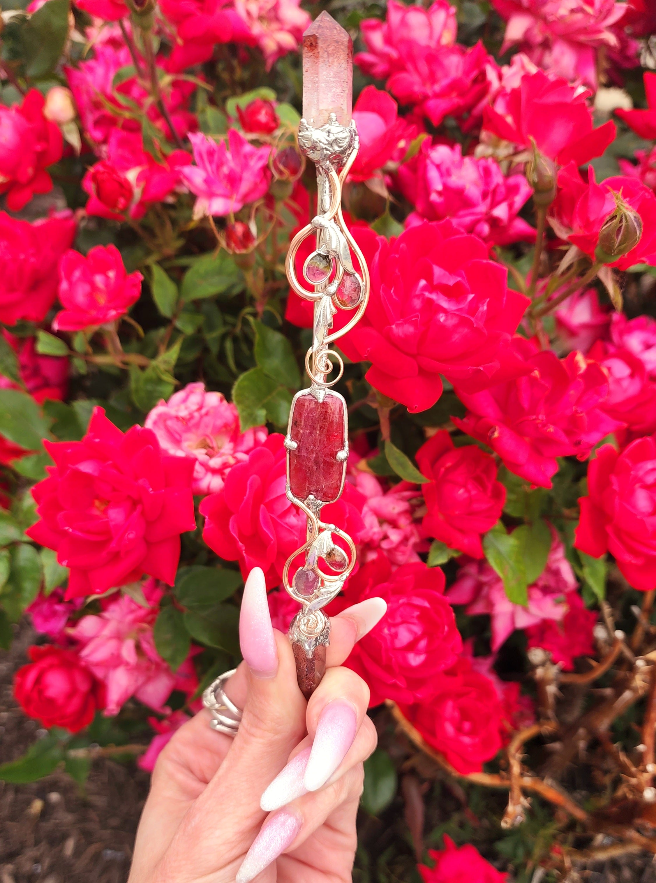 One of a Kind Collector Wand ~ Gem Rhodonite, Lepidocrocite Quartz and Watermelon Tourmaline