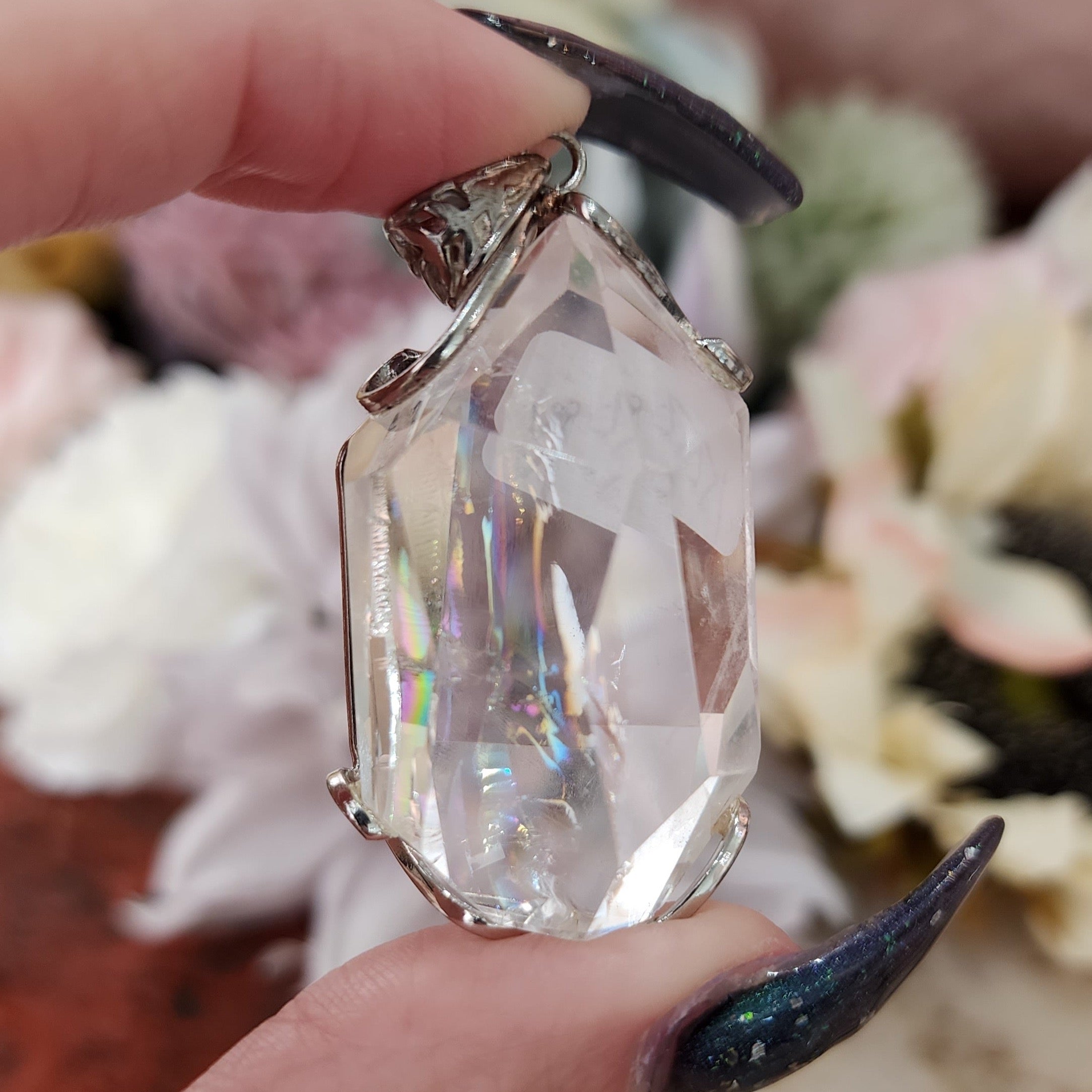 Clear Quartz Rainbow Pendant .925 Silver for Manifesting any Desire and Setting Intentions