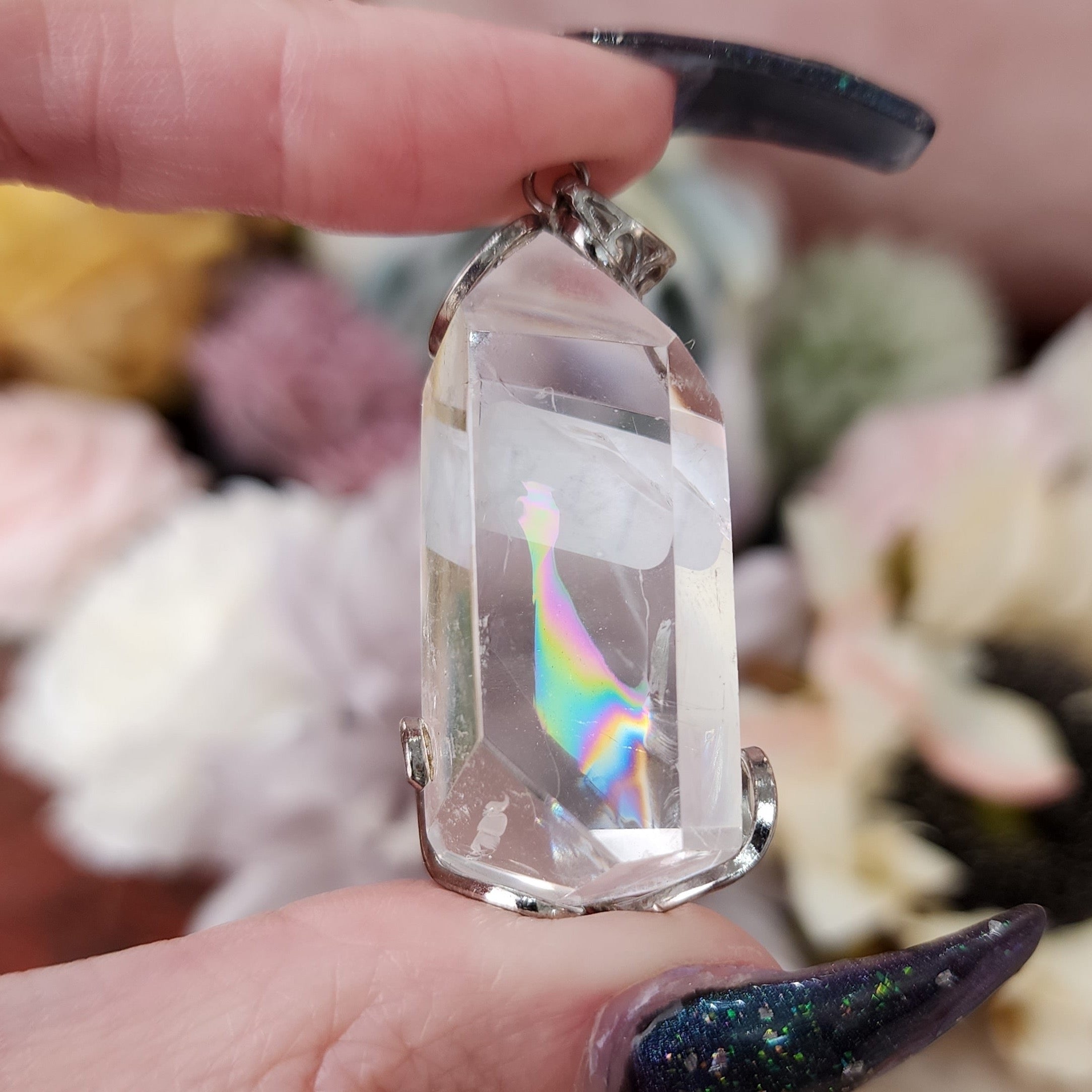 Clear Quartz Rainbow Pendant .925 Silver for Manifesting any Desire and Setting Intentions