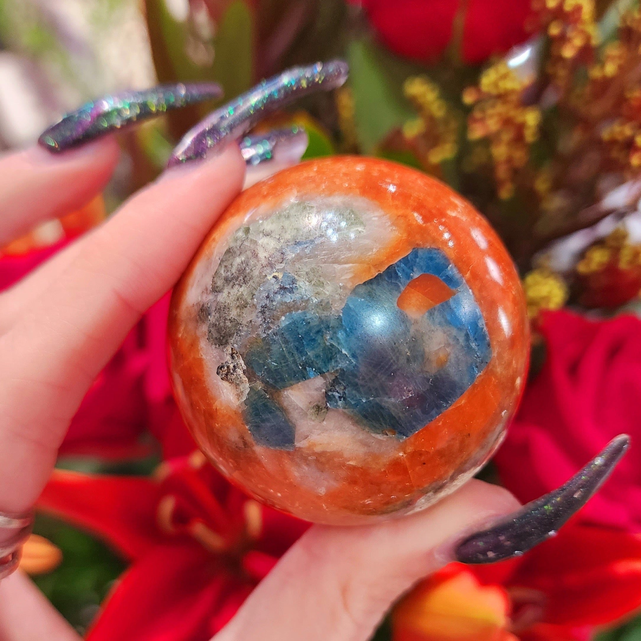 Blue Apatite with Orange Calcite Sphere for Improved Energy, Intuition and Optimum Health