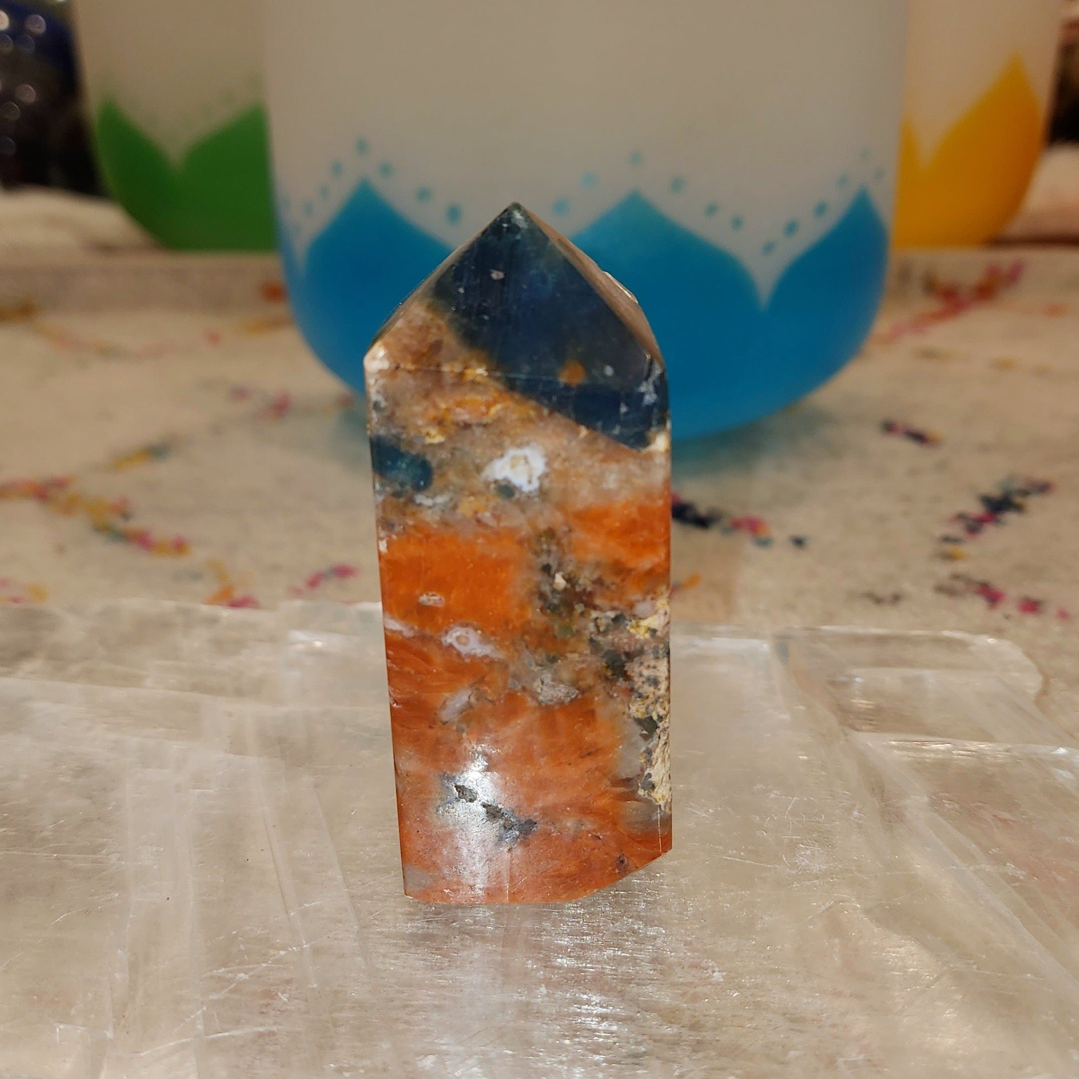 Blue Apatite with Orange Calcite Obelisk for Improved Energy, Intuition and Optimum Health