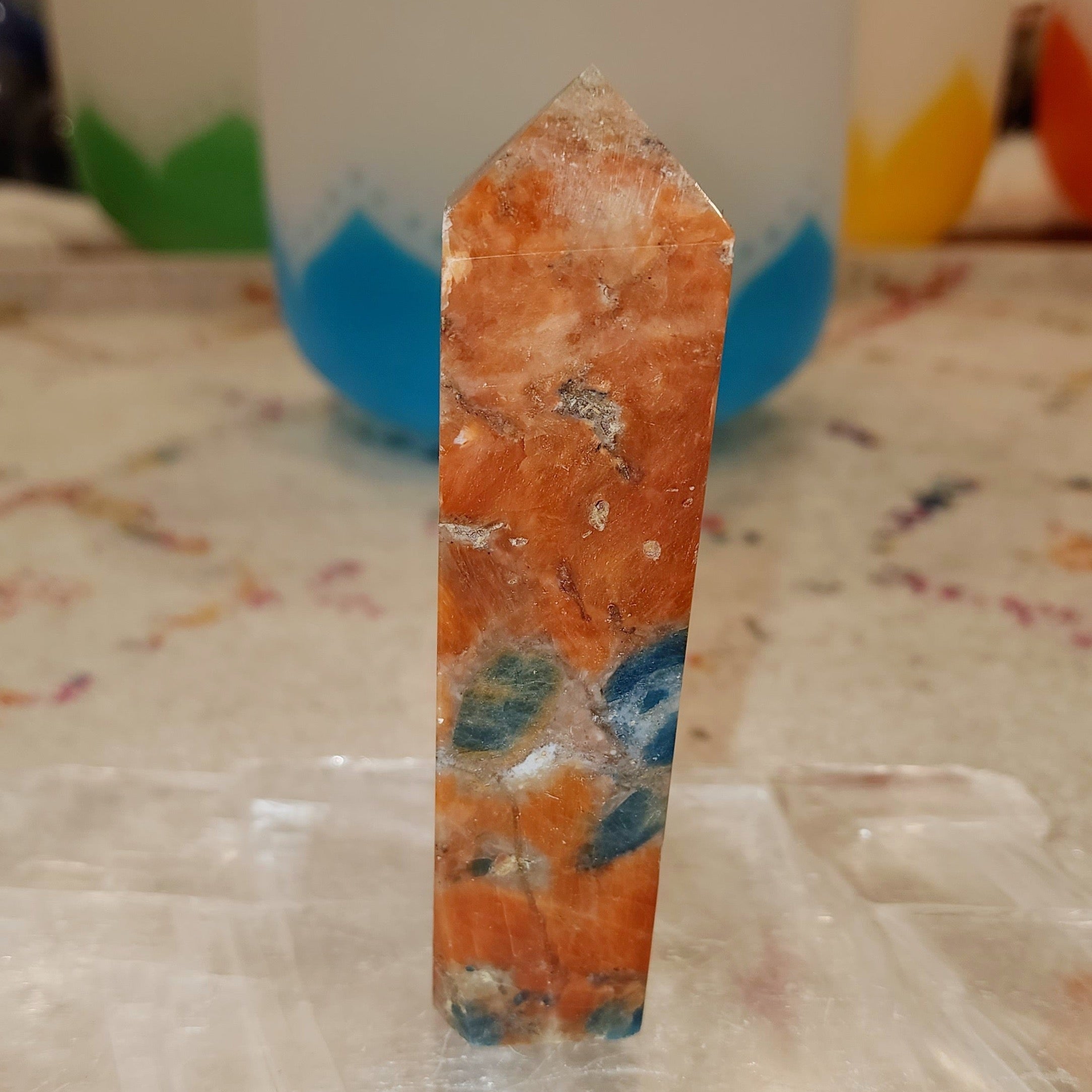 Blue Apatite with Orange Calcite Obelisk for Improved Energy, Intuition and Optimum Health