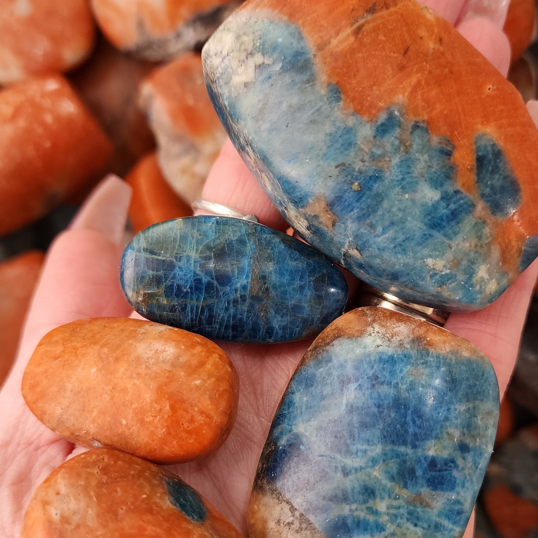 Blue Apatite with Orange Calcite Palm Stone for Improved Energy, Intuition and Optimum Health