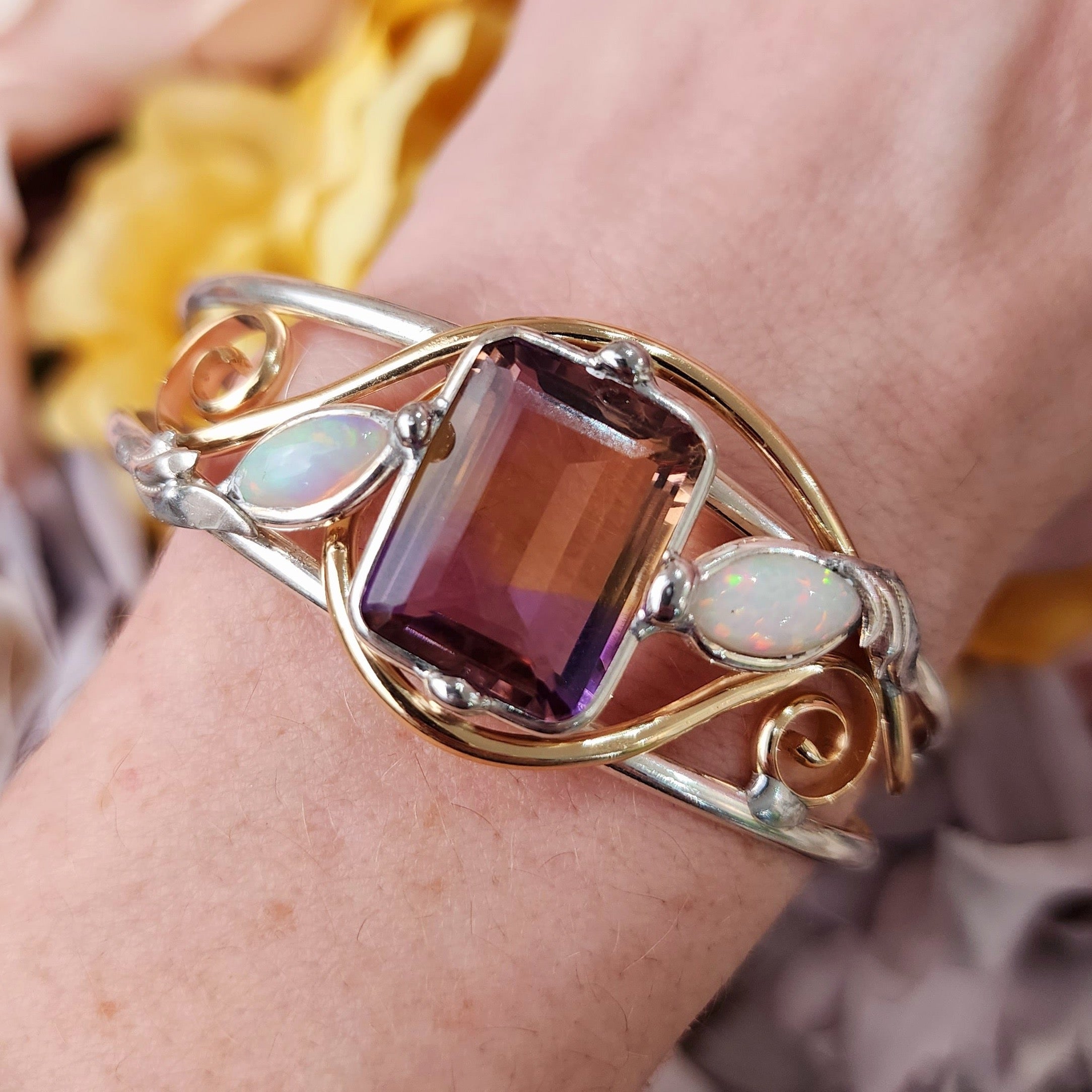 Ametrine with Ethiopian Opal Cuff Bracelet for Empowerment, Harmony and Transformation into your Dream Life