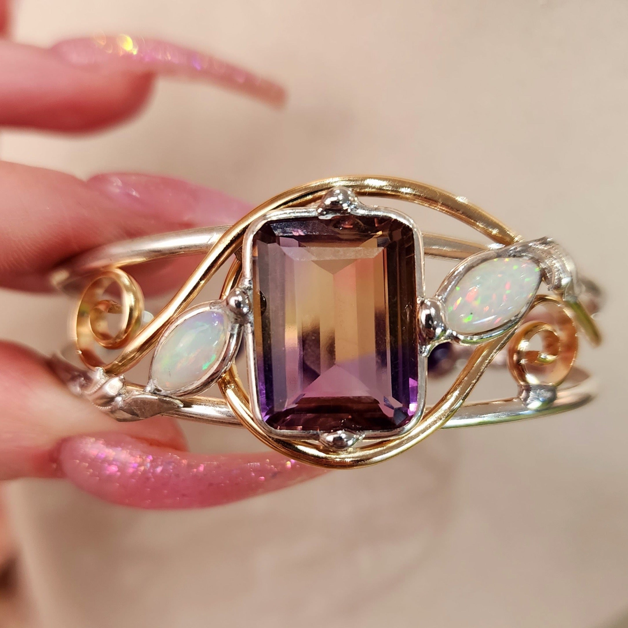 Ametrine with Ethiopian Opal Cuff Bracelet for Empowerment, Harmony and Transformation into your Dream Life