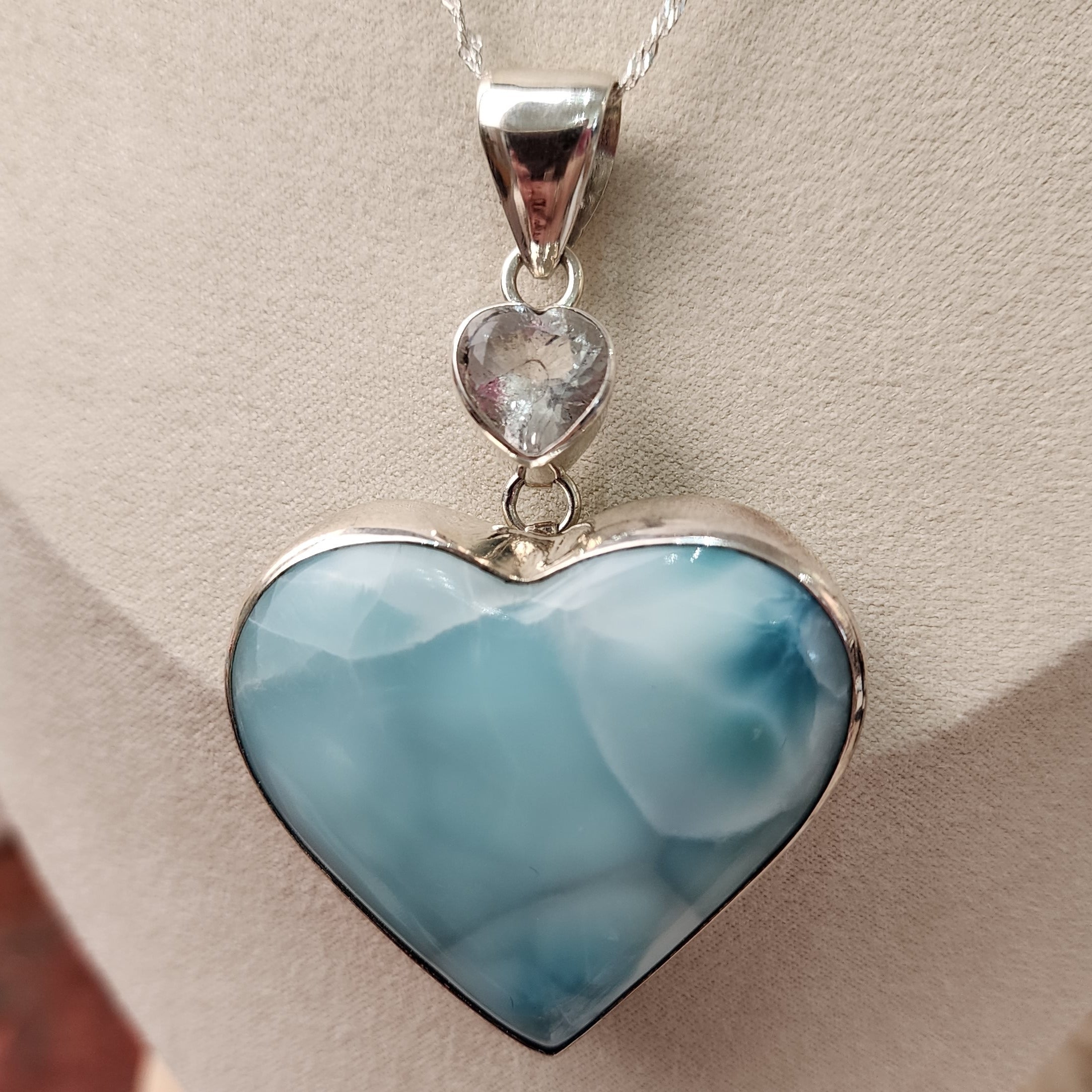 Larimar and Herkimer Diamond Heart Statement Necklace .925 Silver for Amplification, Peace and Tranquility