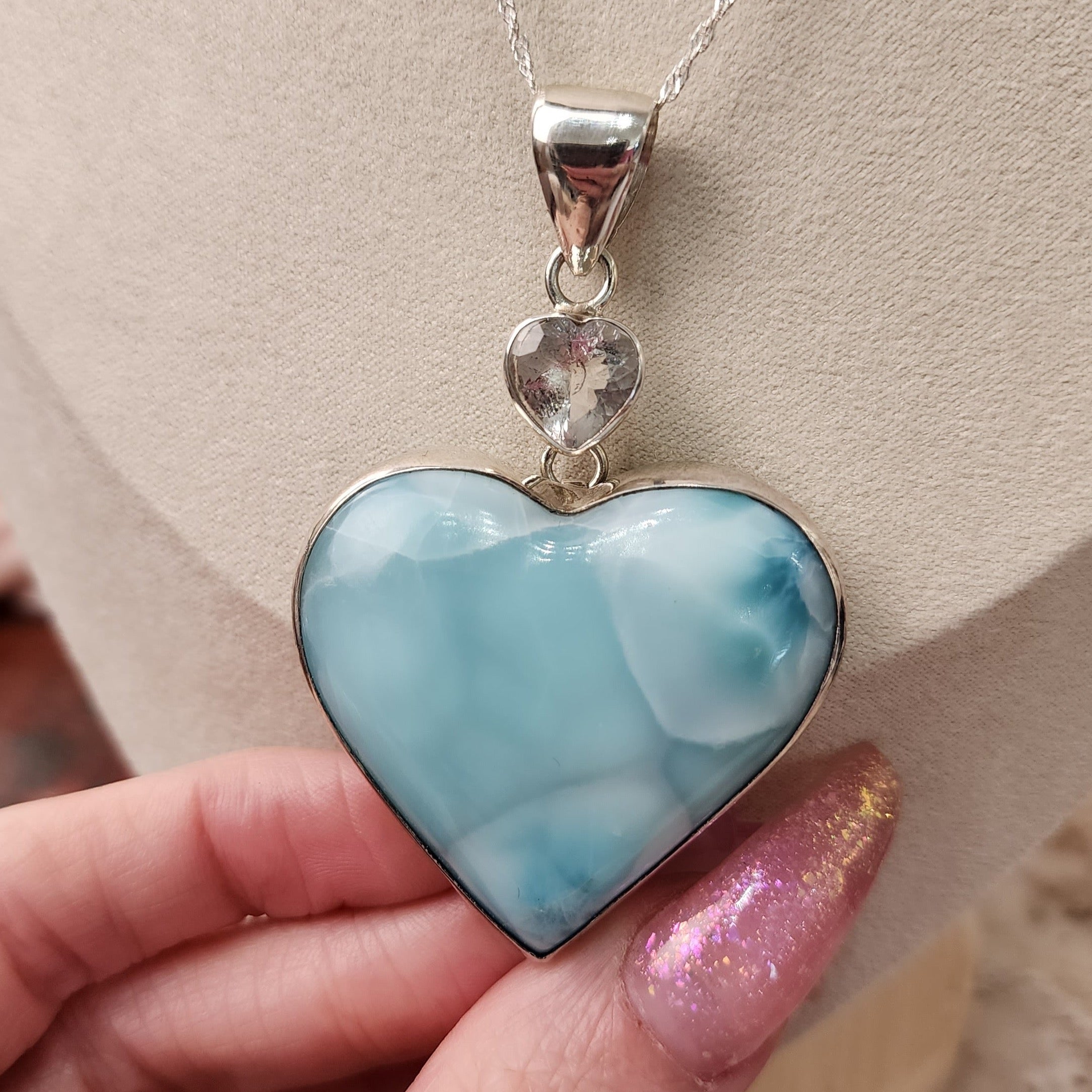 Larimar and Herkimer Diamond Heart Statement Necklace .925 Silver for Amplification, Peace and Tranquility