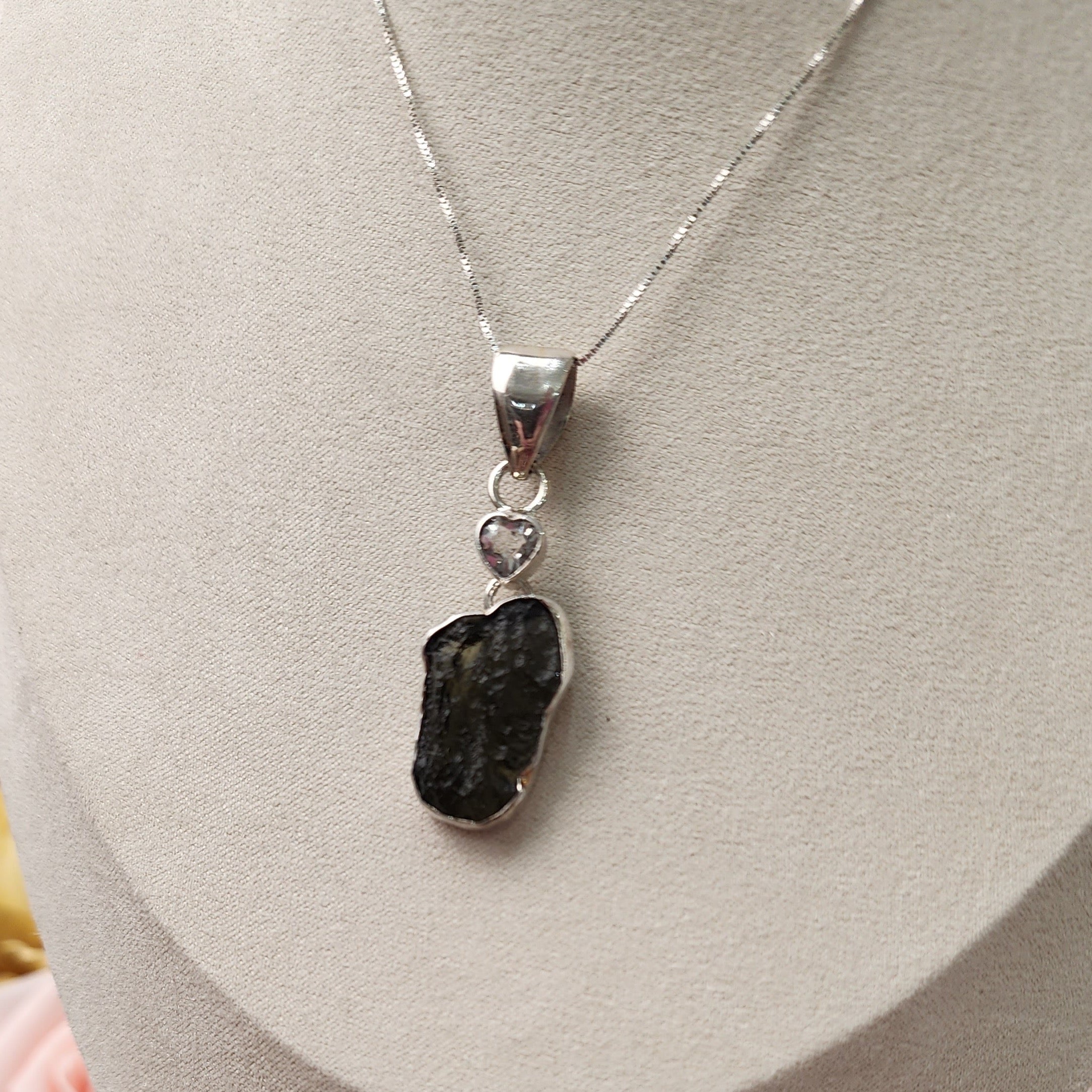 Moldavite and Herkimer Diamond Heart .925 Silver Necklace for Creating Your Dream Life
