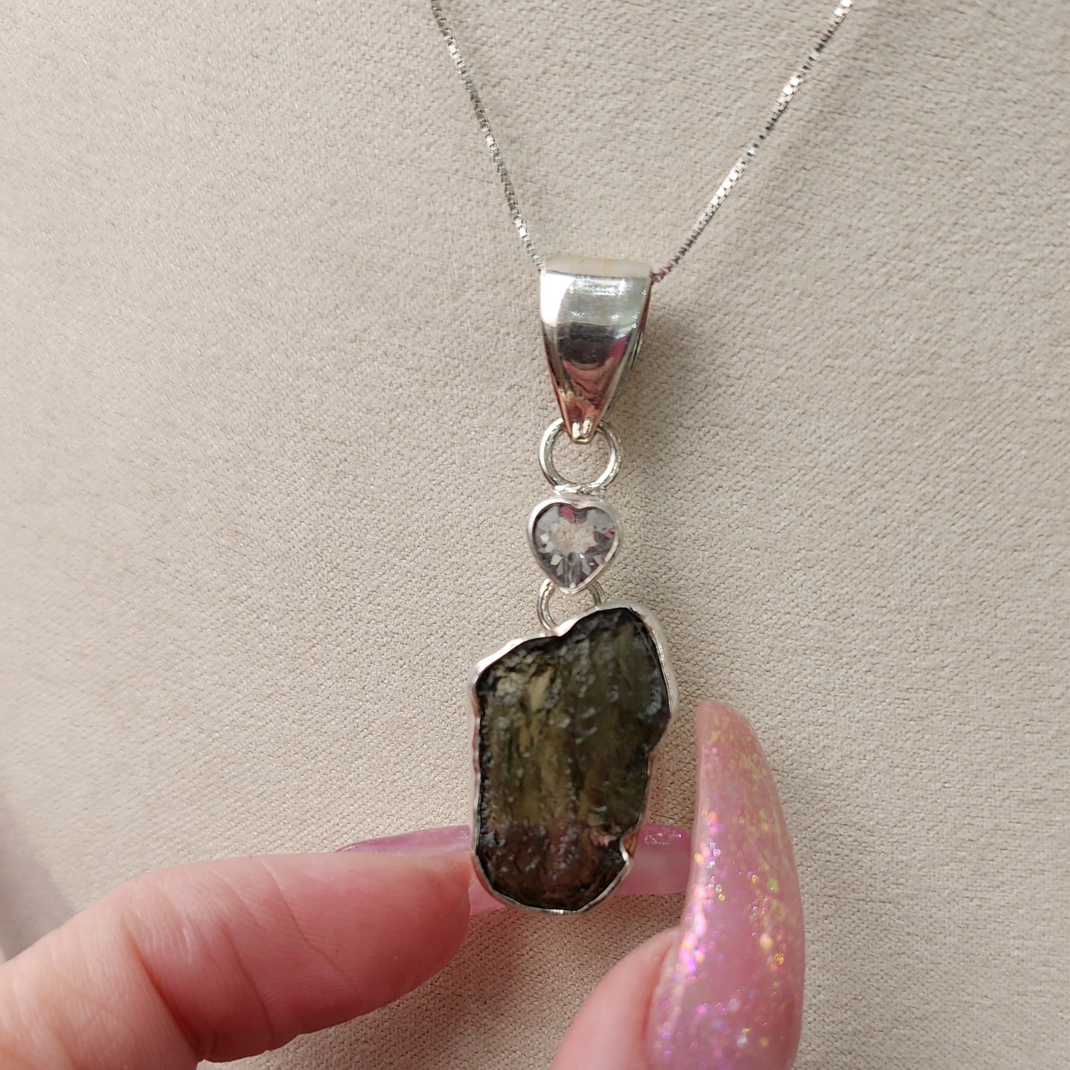 Moldavite and Herkimer Diamond Heart .925 Silver Necklace for Creating Your Dream Life