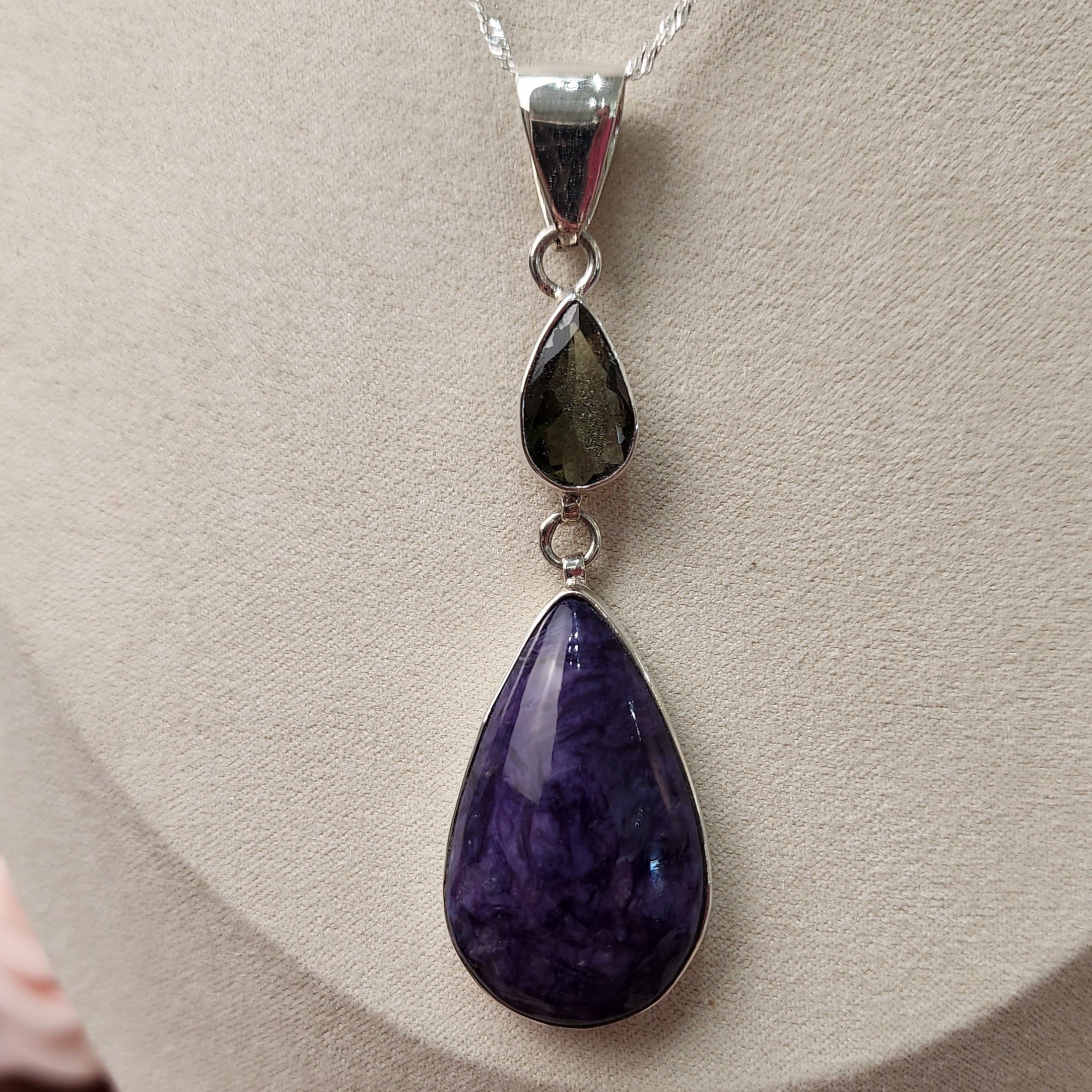 Moldavite and Charoite Necklace .925 Silver for Transforming into your Dream Life
