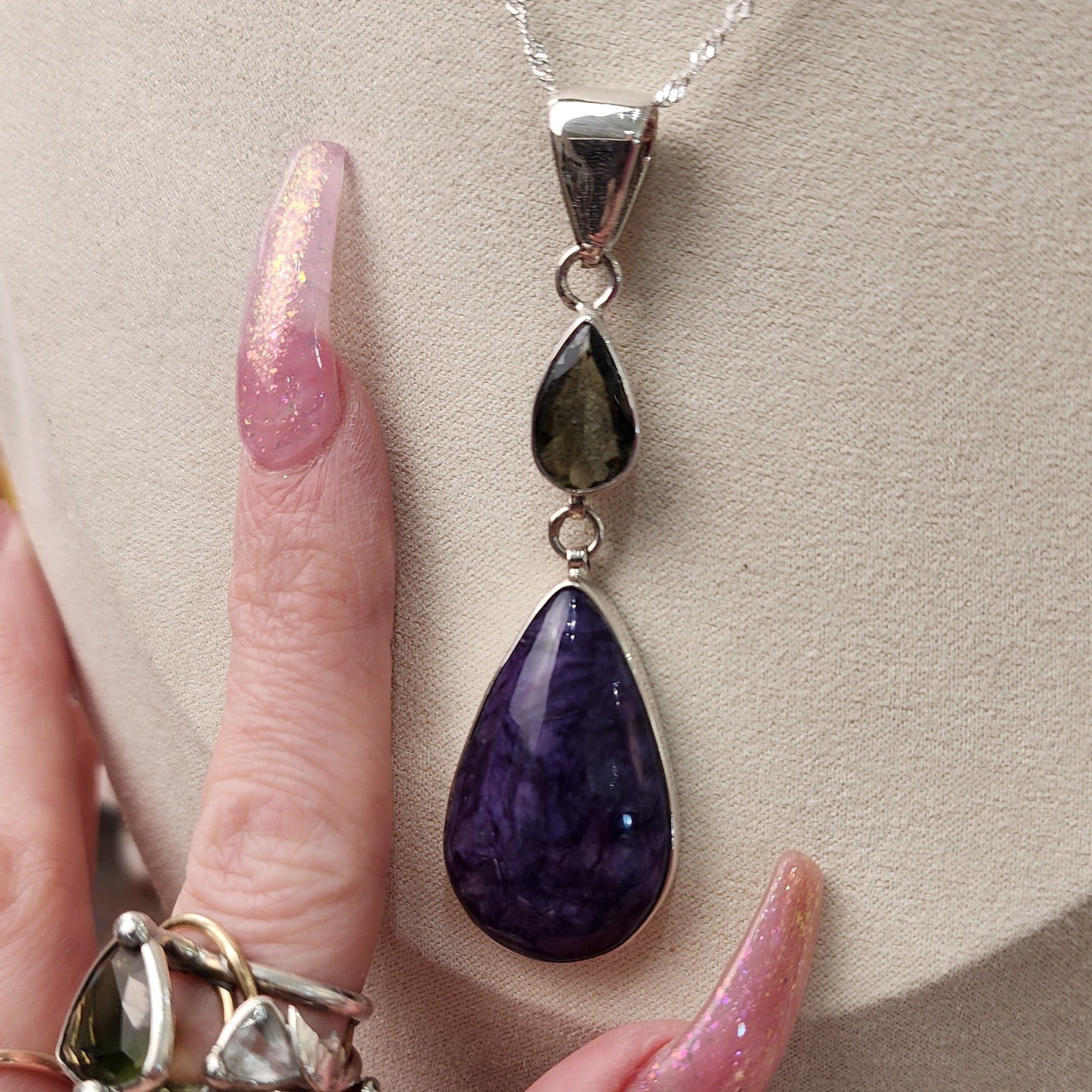 Moldavite and Charoite Necklace .925 Silver for Transforming into your Dream Life