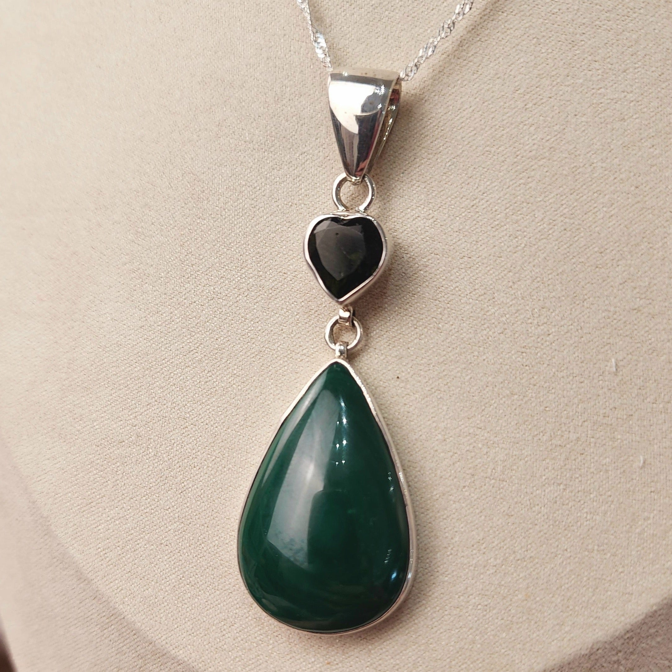 Moldavite and Malachite .925 Silver Necklace for Creating Your Dream Life and Transformation
