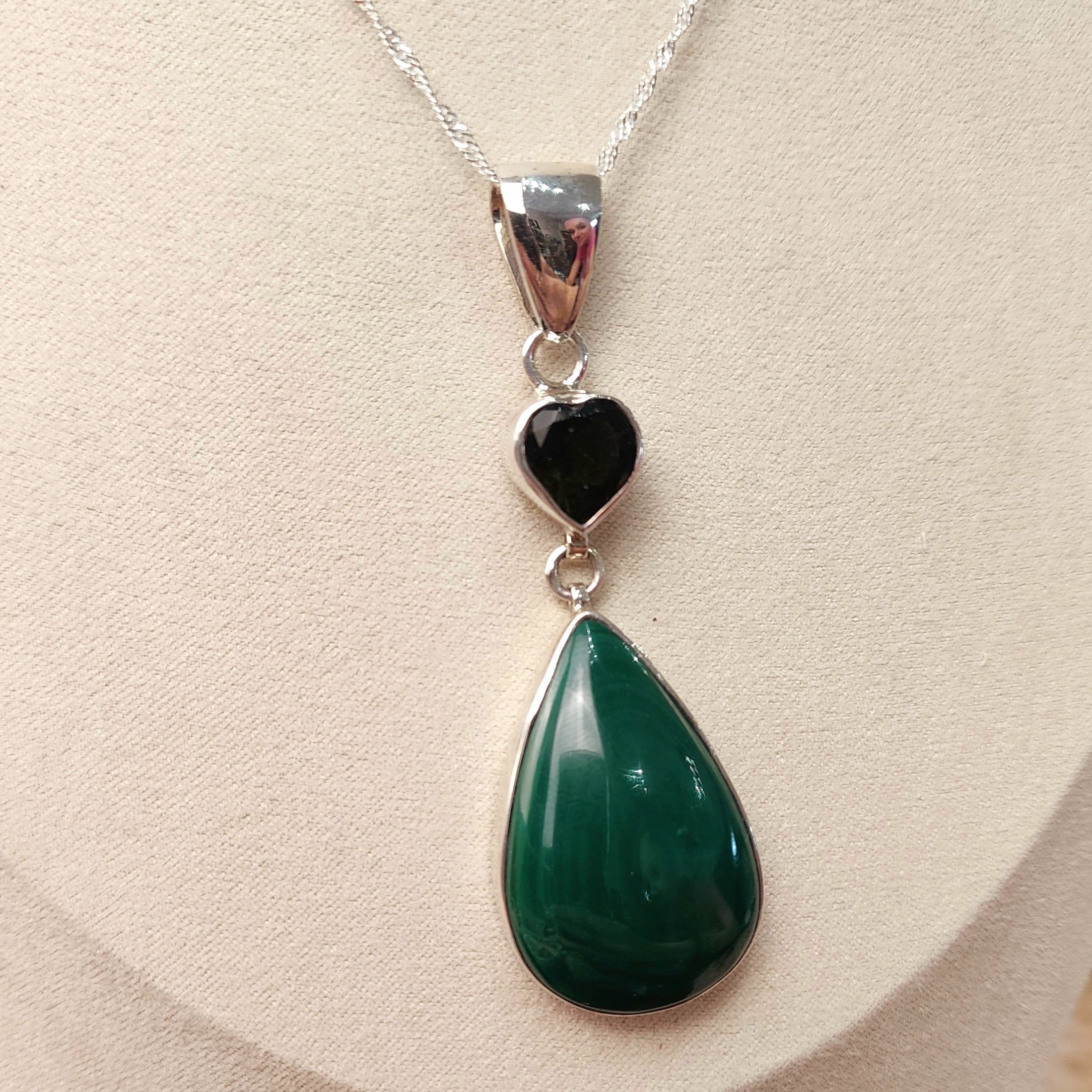 Moldavite and Malachite .925 Silver Necklace for Creating Your Dream Life and Transformation