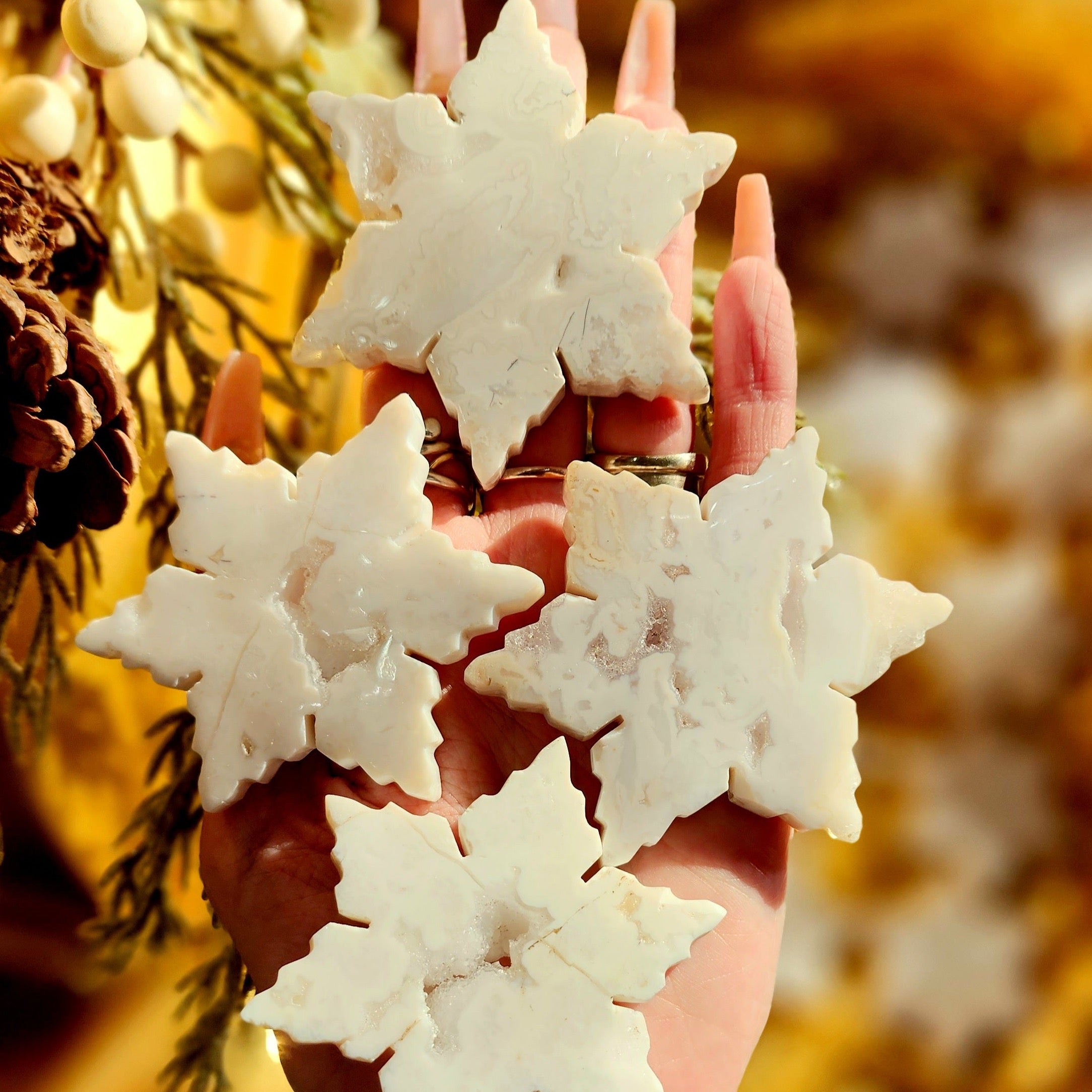 White Plume Agate Snowflake Carving for Decision Making and Peace